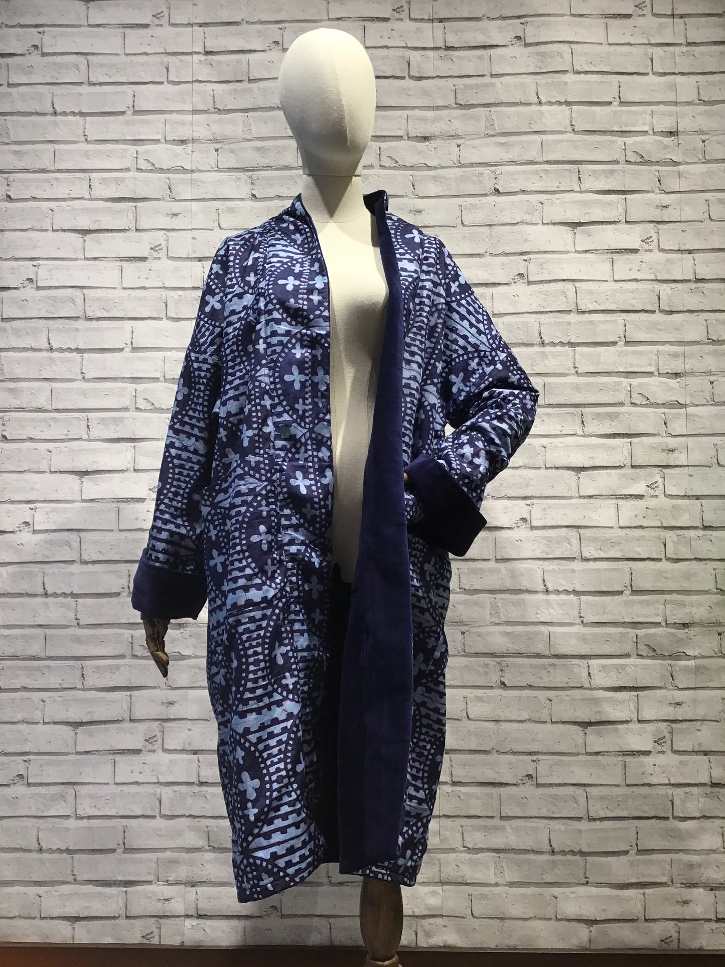 Midnight Blue Velvet coat long in rare batik - Violet Elizabeth