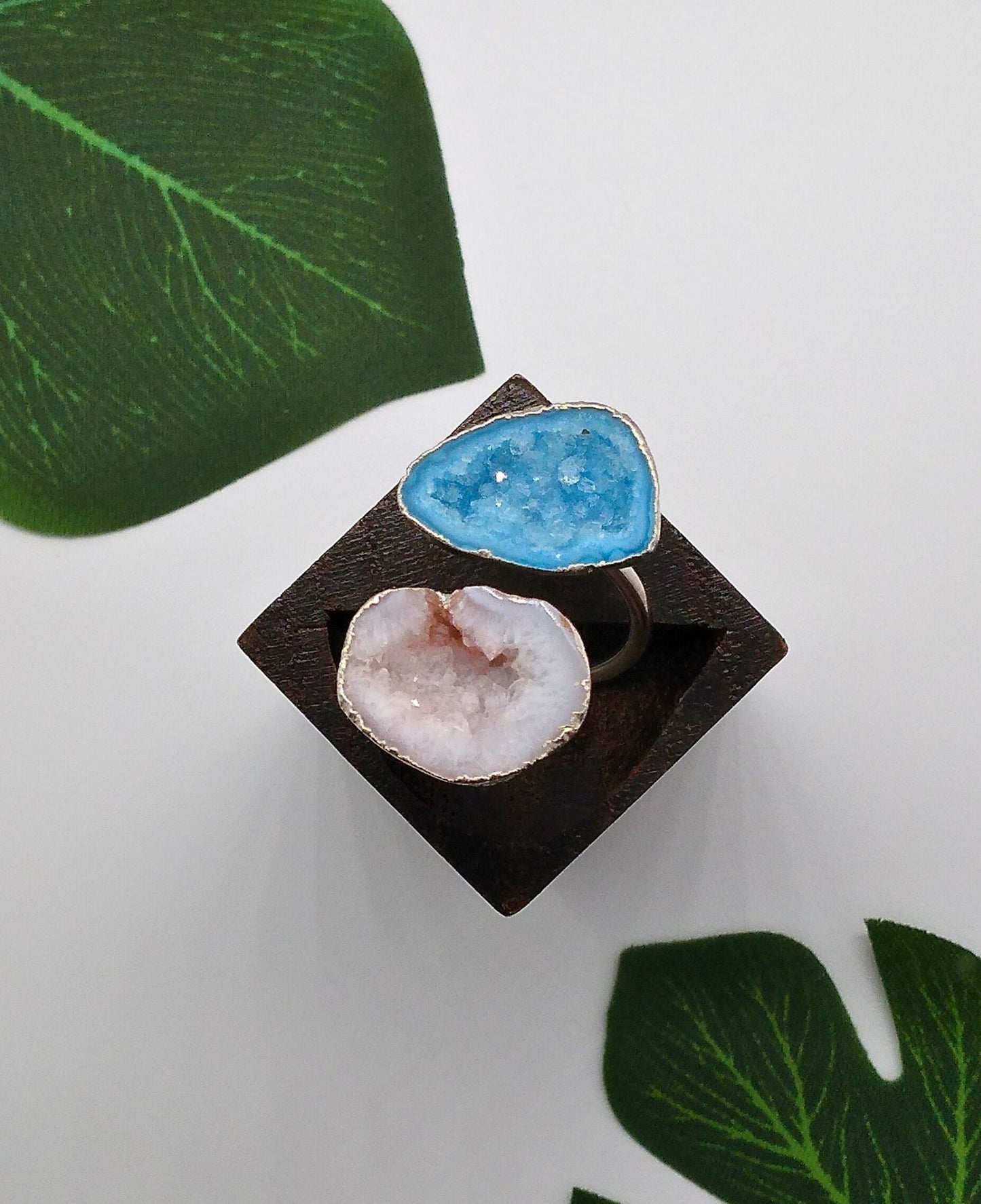 Aqua Blue and Star Shine Double Geode Druzy Silver Ring - Violet Elizabeth - Jewellery
