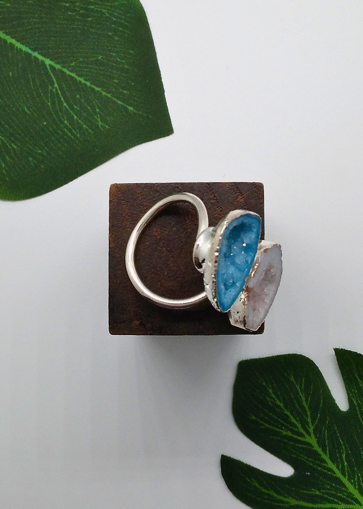 Aqua Blue and Star Shine Double Geode Druzy Silver Ring - Violet Elizabeth - Jewellery