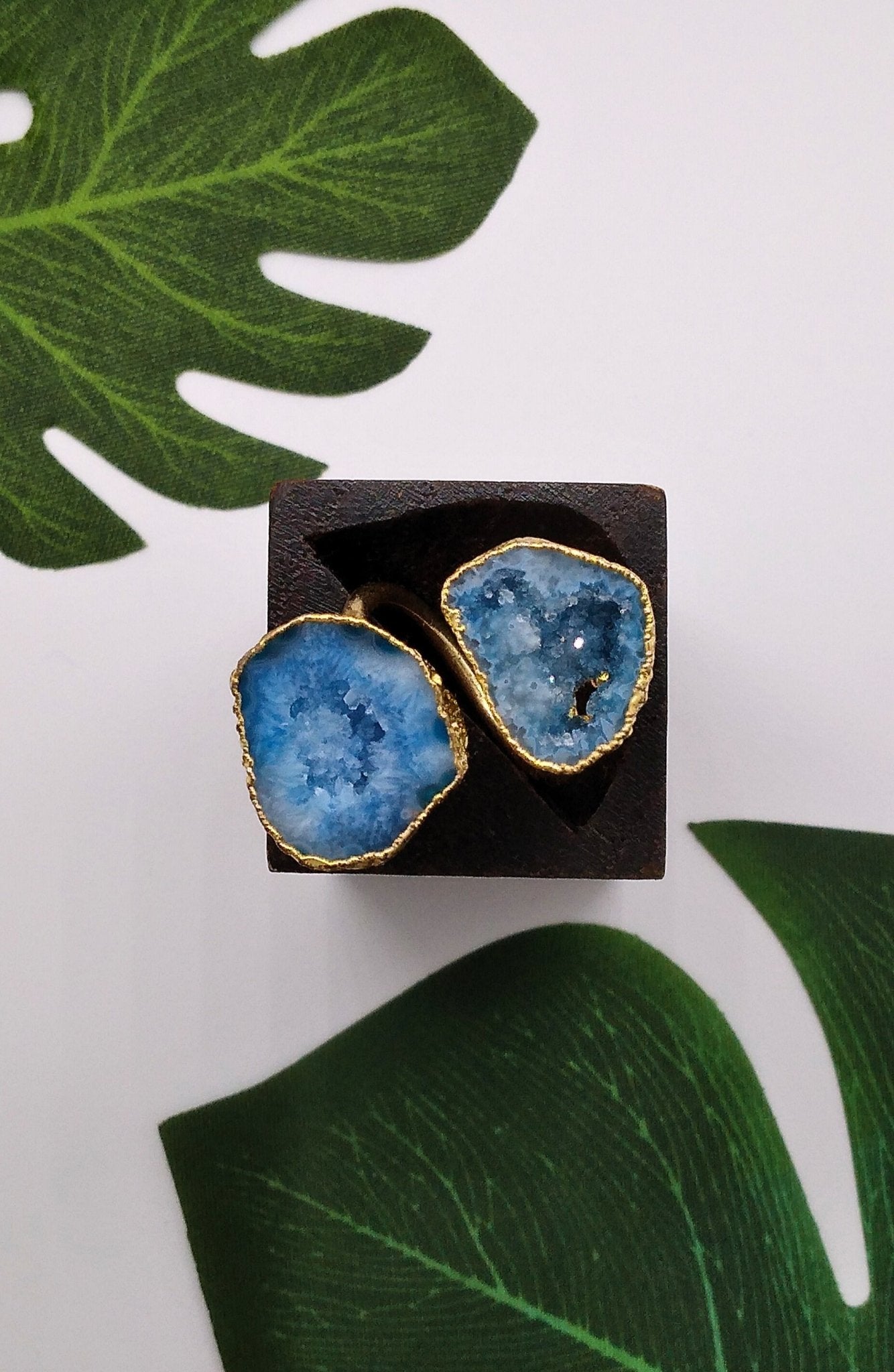 Aqua Blue Double Geode Druzy Ring - Violet Elizabeth - Jewellery