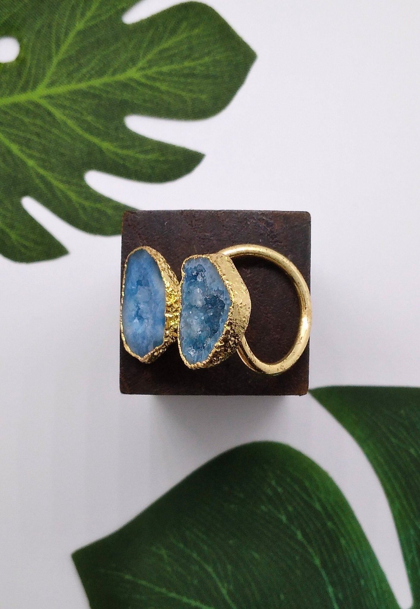 Aqua Blue Double Geode Druzy Ring - Violet Elizabeth - Jewellery