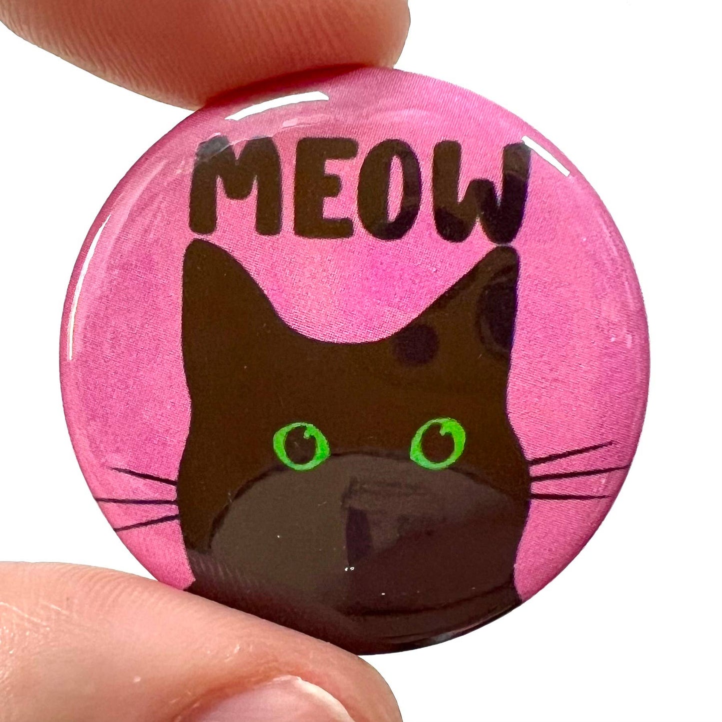 Black Cat Meow Button Pin Badge Pink - Violet Elizabeth -