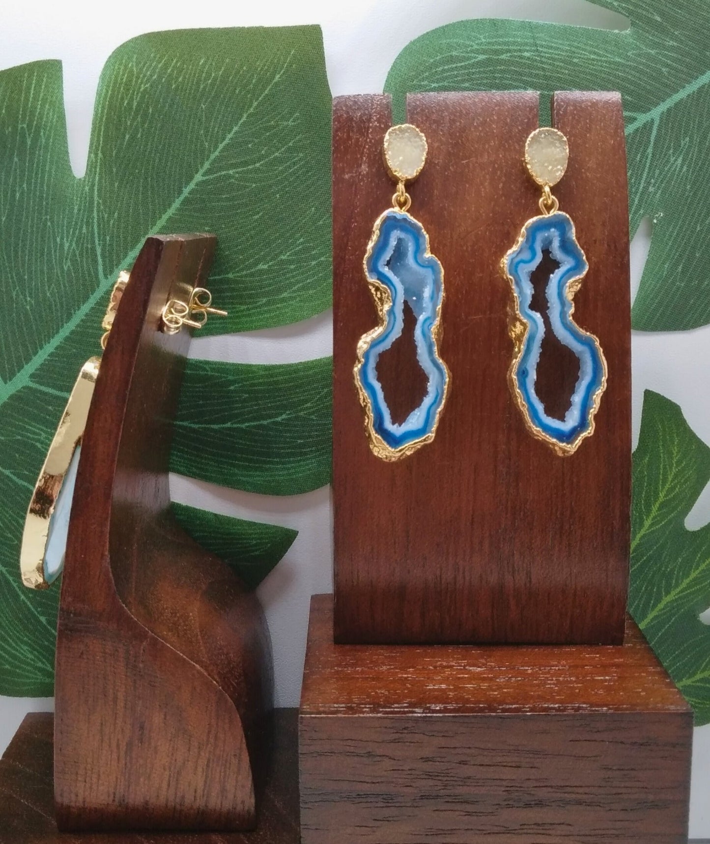 Blue Agate Slice and Yellow Sugar Druzy Drop Earrings - Violet Elizabeth - Jewellery