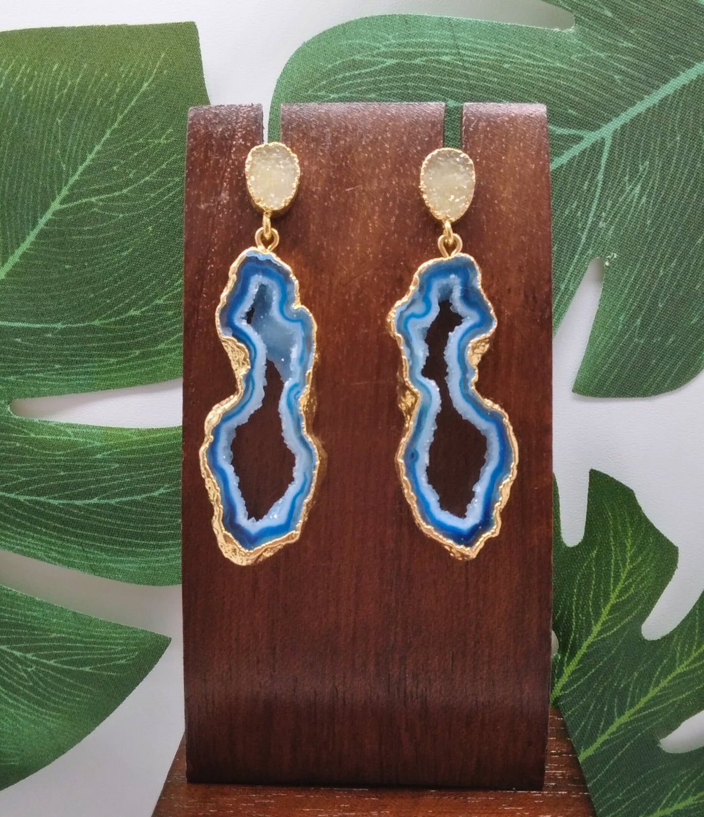 Blue Agate Slice and Yellow Sugar Druzy Drop Earrings - Violet Elizabeth - Jewellery