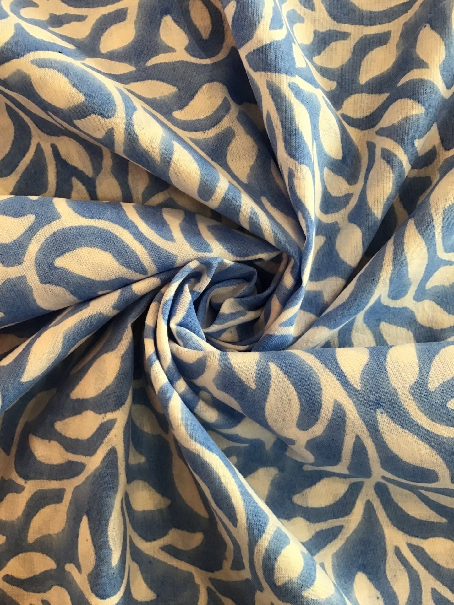 Blue leaf swirl print Block Printed Fabric - Violet Elizabeth - Haberdashery