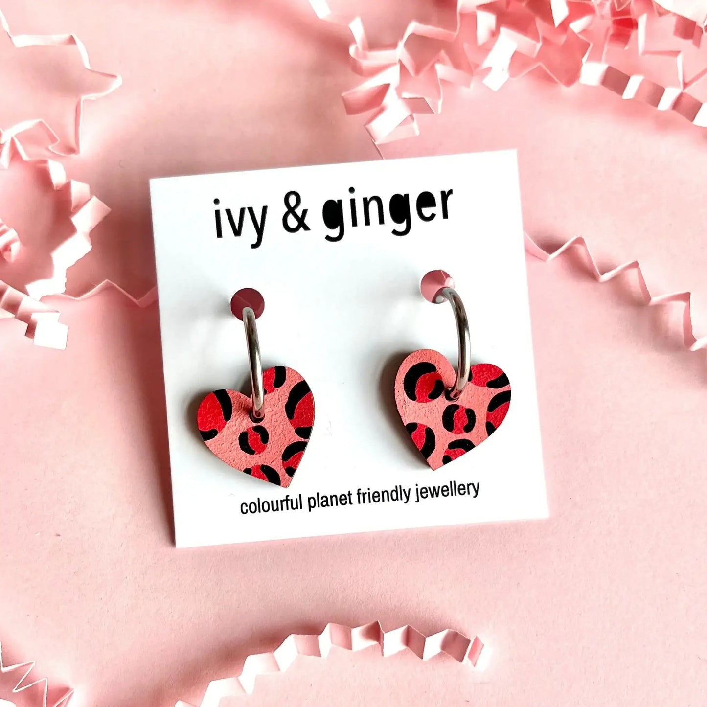 Deep pink and red leopard print small heart hoop earrings - Violet Elizabeth - Jewellery
