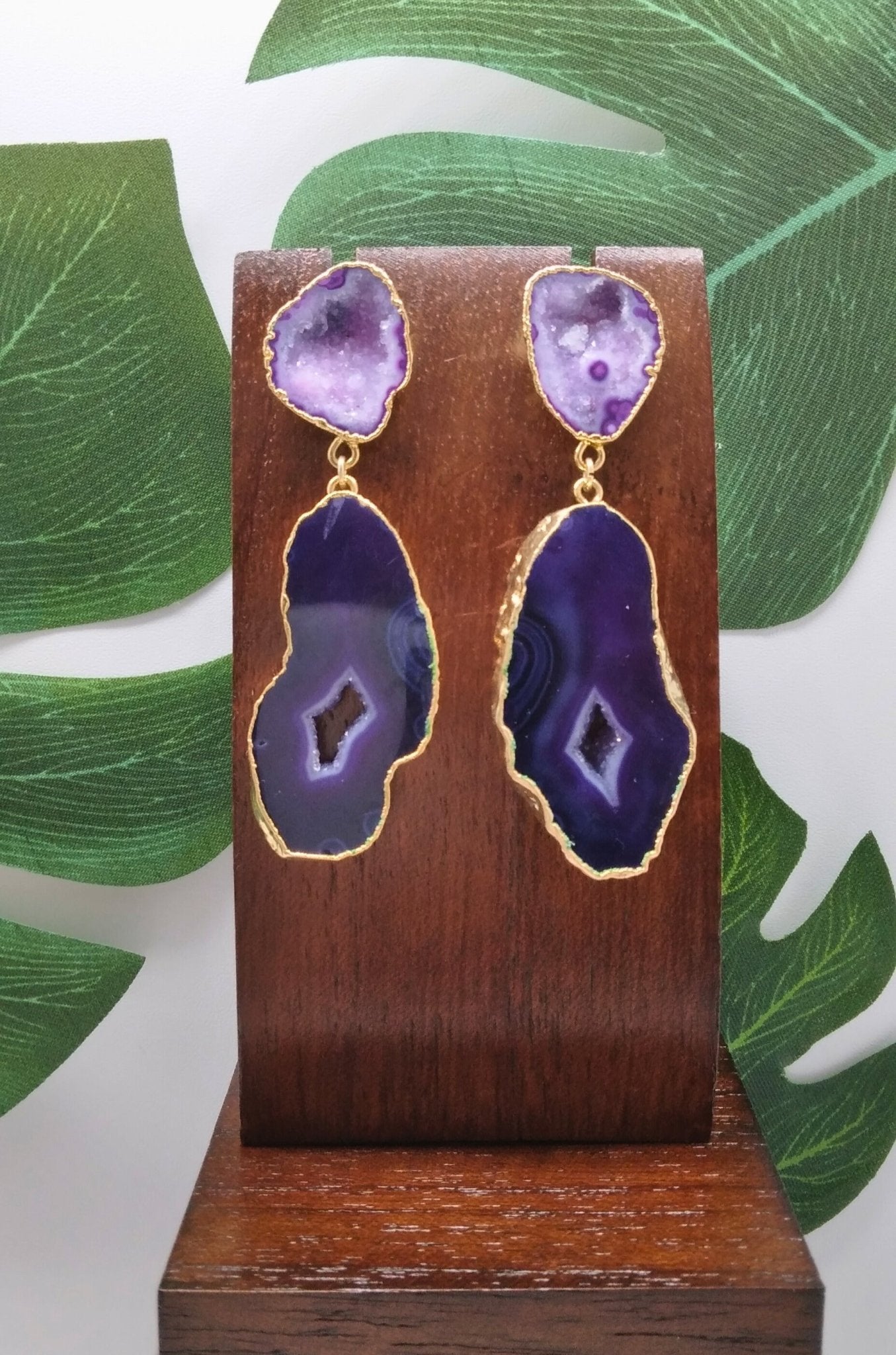 Deep Purple Agate Slice Drop Earrings - Violet Elizabeth - Jewellery