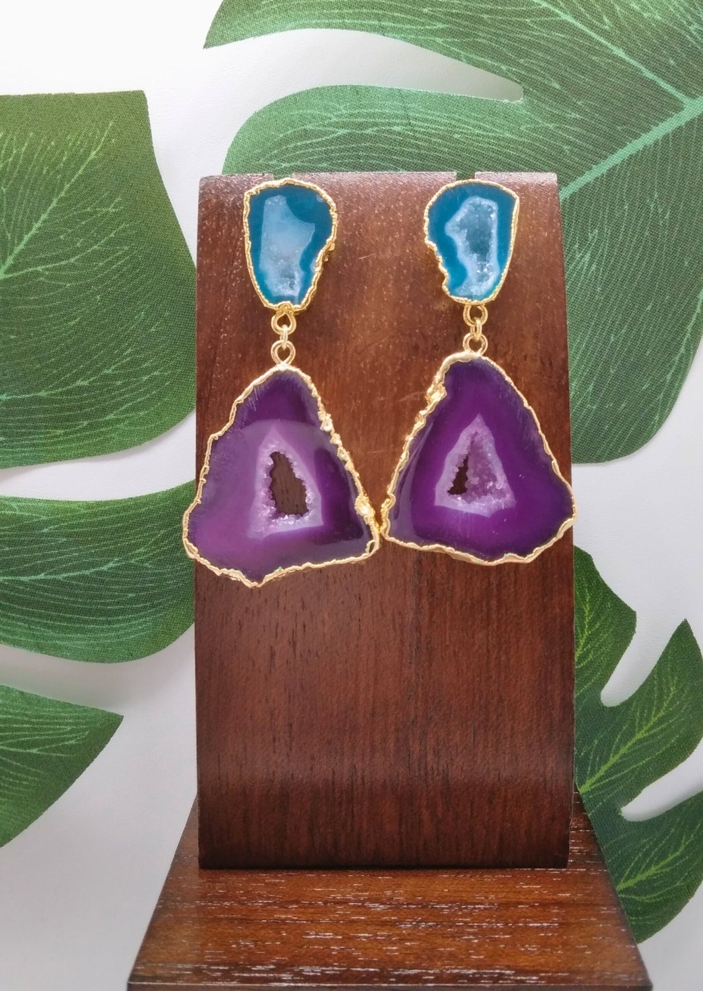 Deep Purple and Ocean Green Agate Slice Drop Earrings - Violet Elizabeth - Jewellery