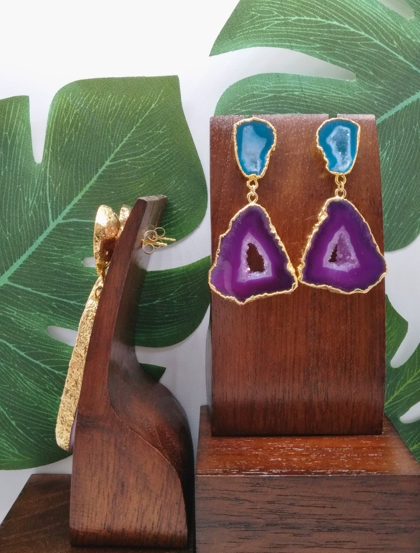 Deep Purple and Ocean Green Agate Slice Drop Earrings - Violet Elizabeth - Jewellery