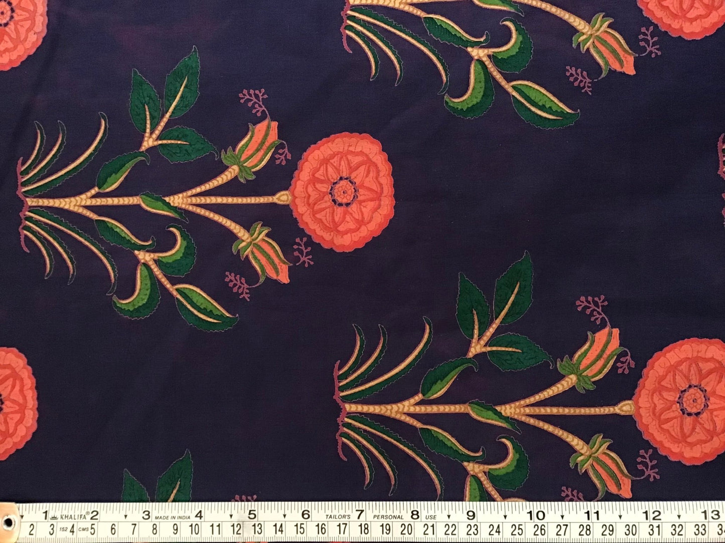 Drk blue with stileised red flower plant Screen Printed Fabric 100% Cotton - Violet Elizabeth - Haberdashery