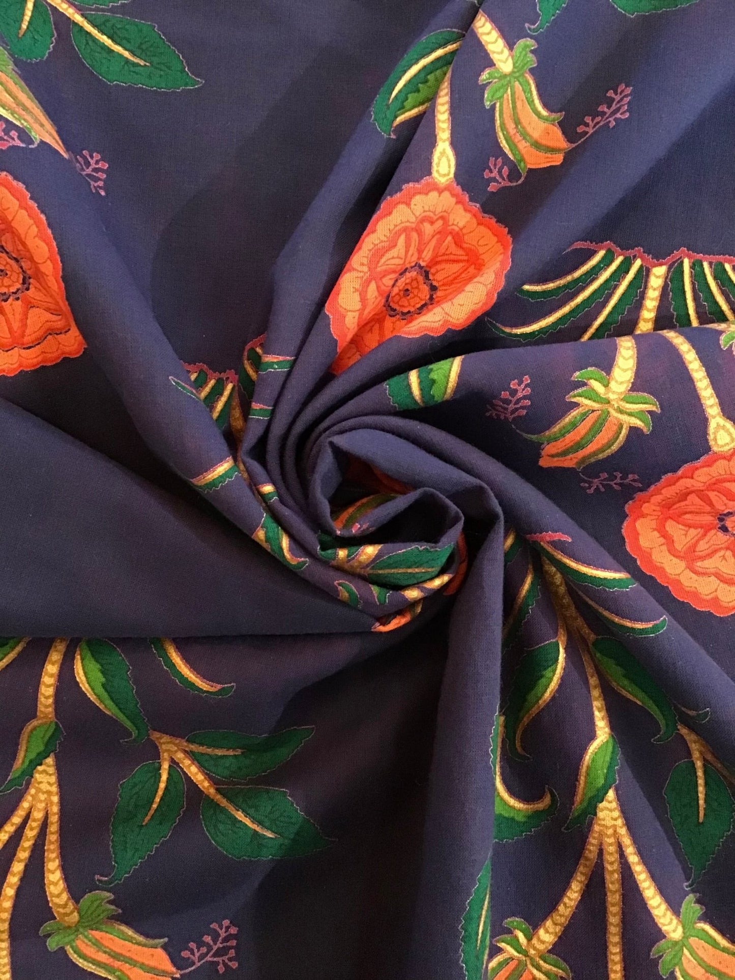 Drk blue with stileised red flower plant Screen Printed Fabric 100% Cotton - Violet Elizabeth - Haberdashery