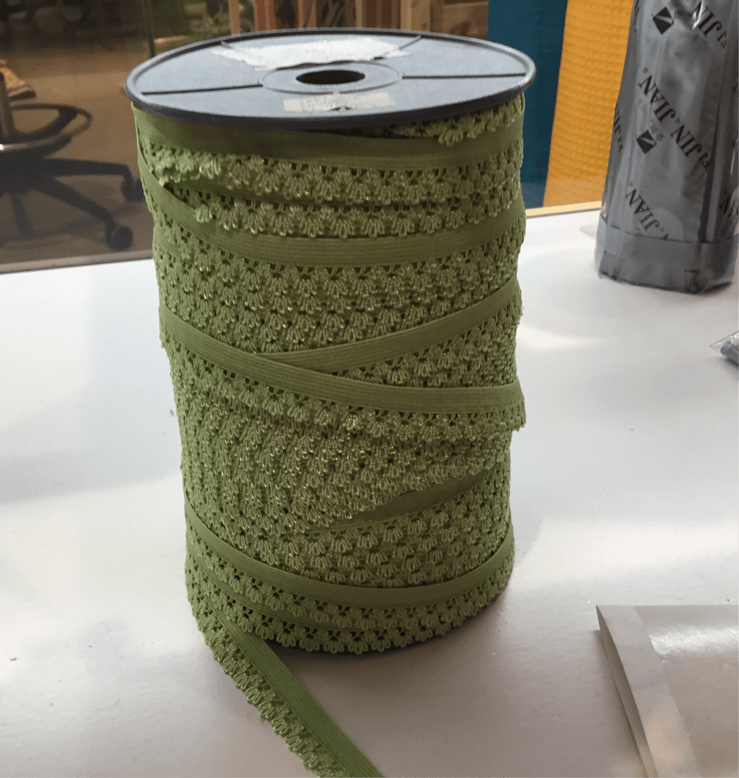 Elastic: new green made for knickers 15mm inc.patterened edge - Violet Elizabeth - Haberdashery