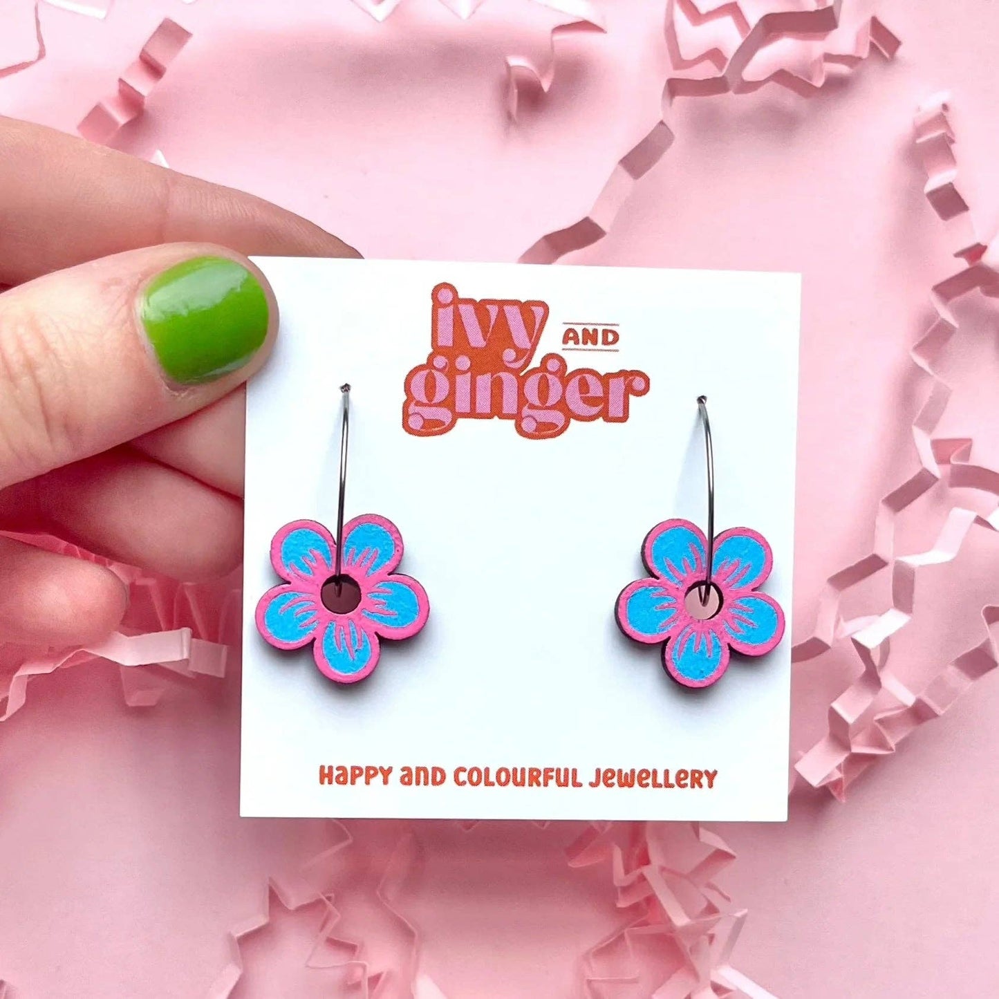 Fun Handmade Bright Pink and Blue Flower Hoop Earrings - Violet Elizabeth -