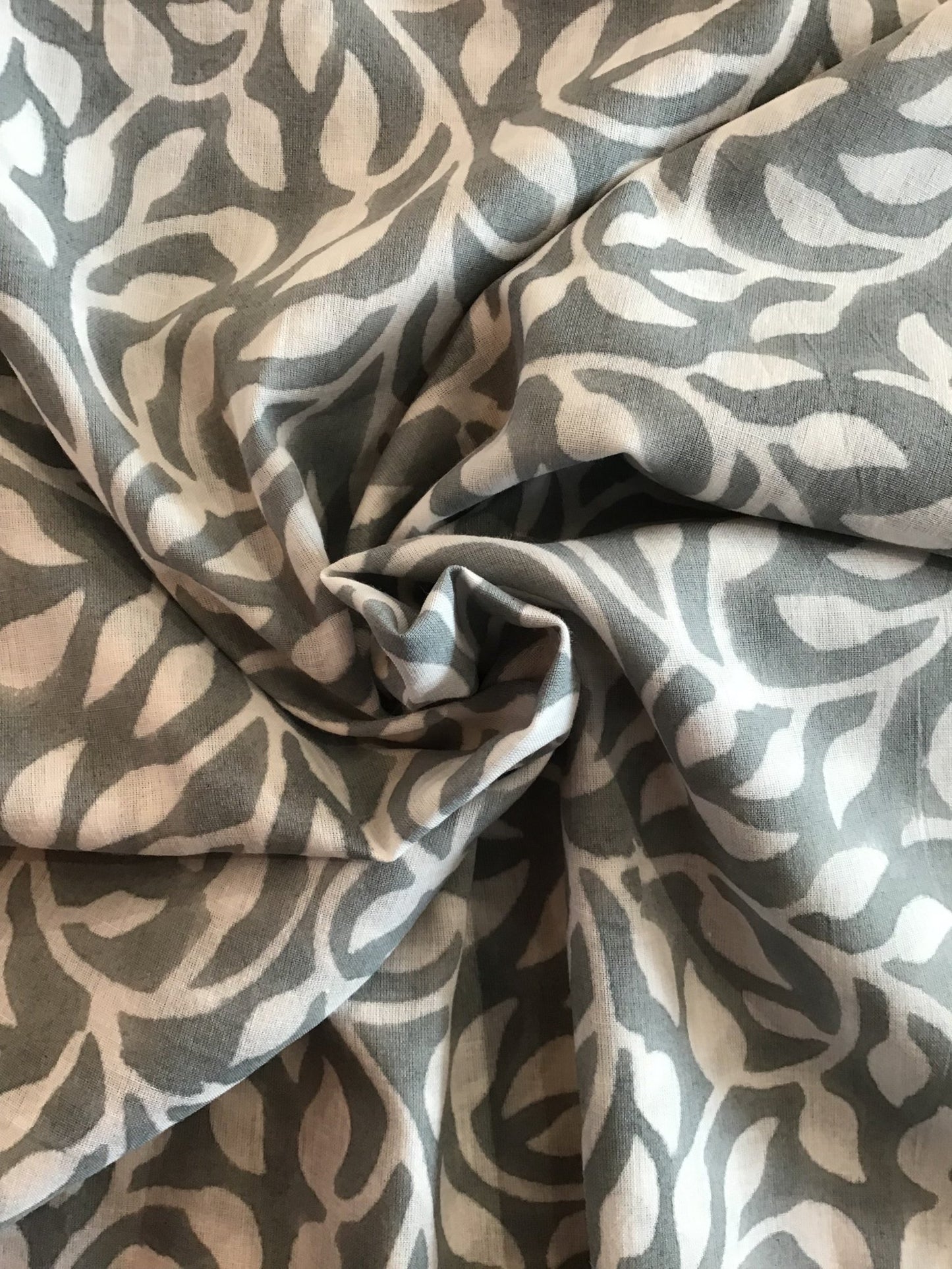 Grey leaf swirl print Block Printed Fabric - Violet Elizabeth - Haberdashery