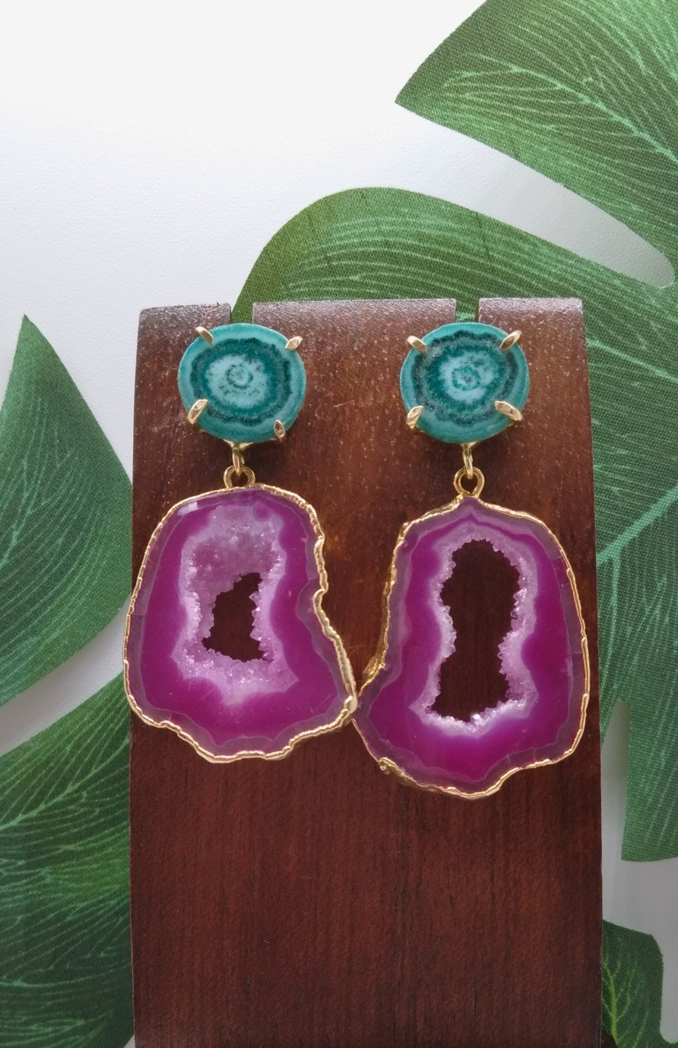 Hot Pink Agate Slice and Sea Green Solar Quartz Drop Earrings - Violet Elizabeth - Jewellery