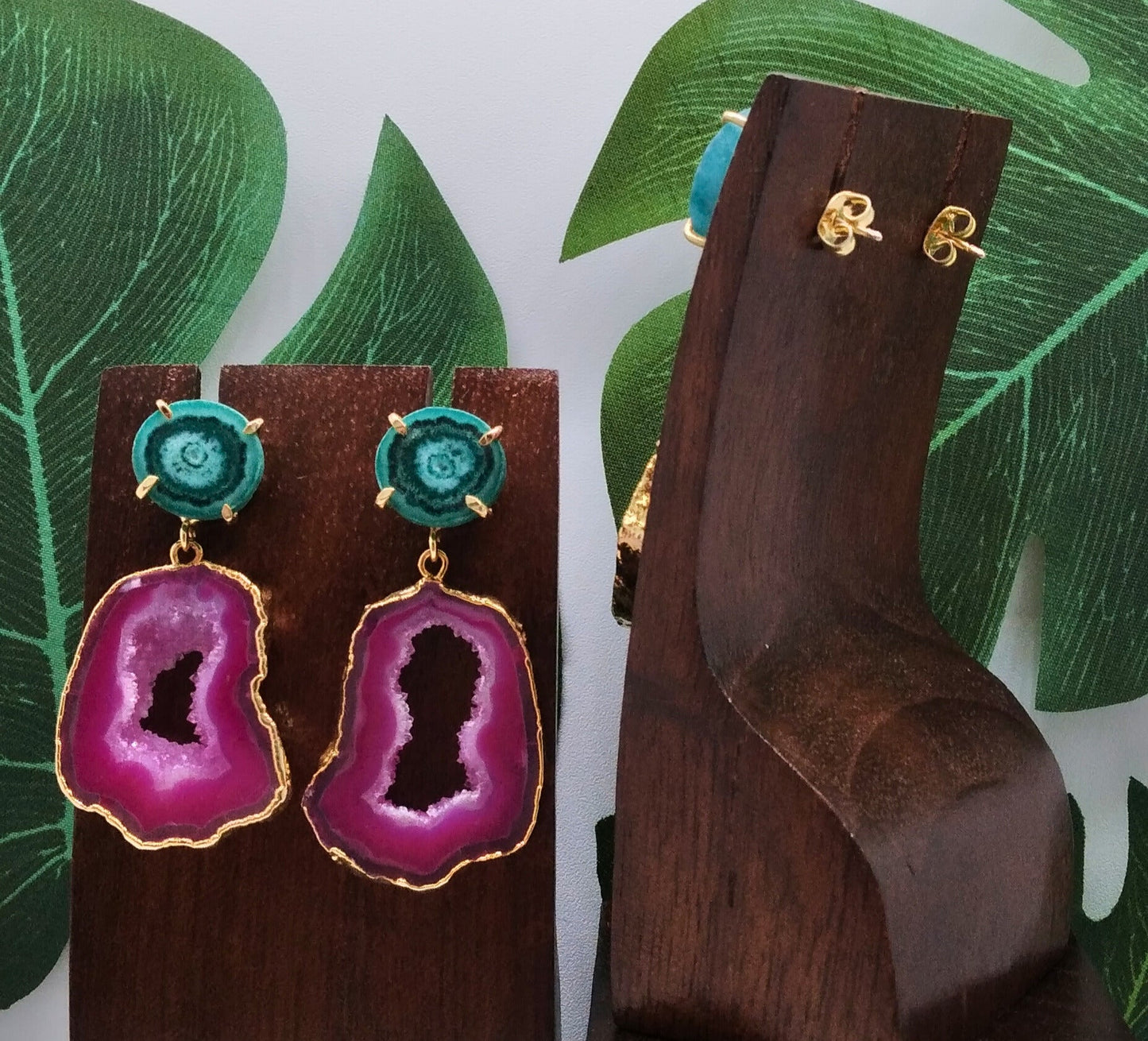 Hot Pink Agate Slice and Sea Green Solar Quartz Drop Earrings - Violet Elizabeth - Jewellery