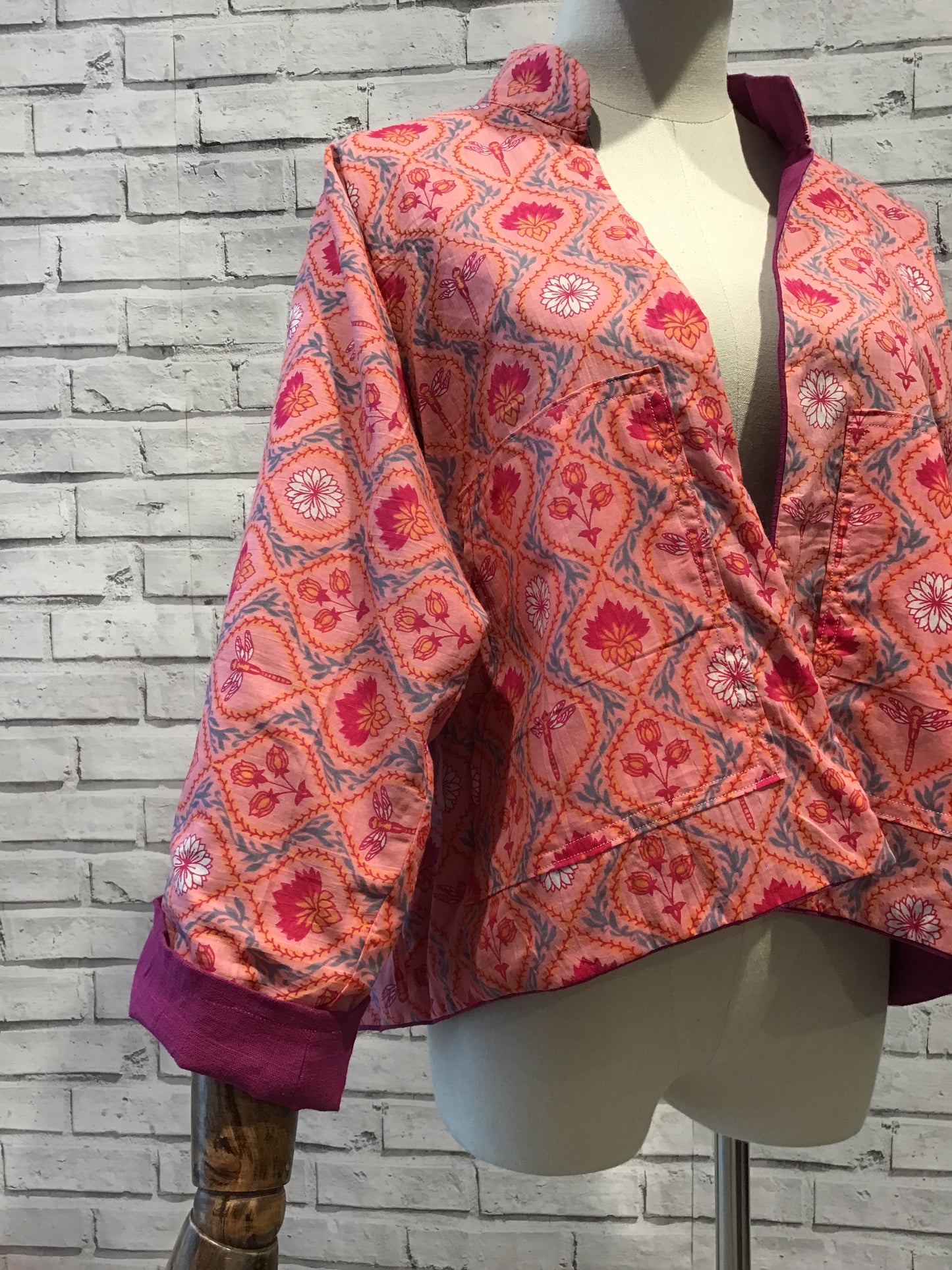 Hot pink lotus flower and cerise Linen Jacket - Violet Elizabeth