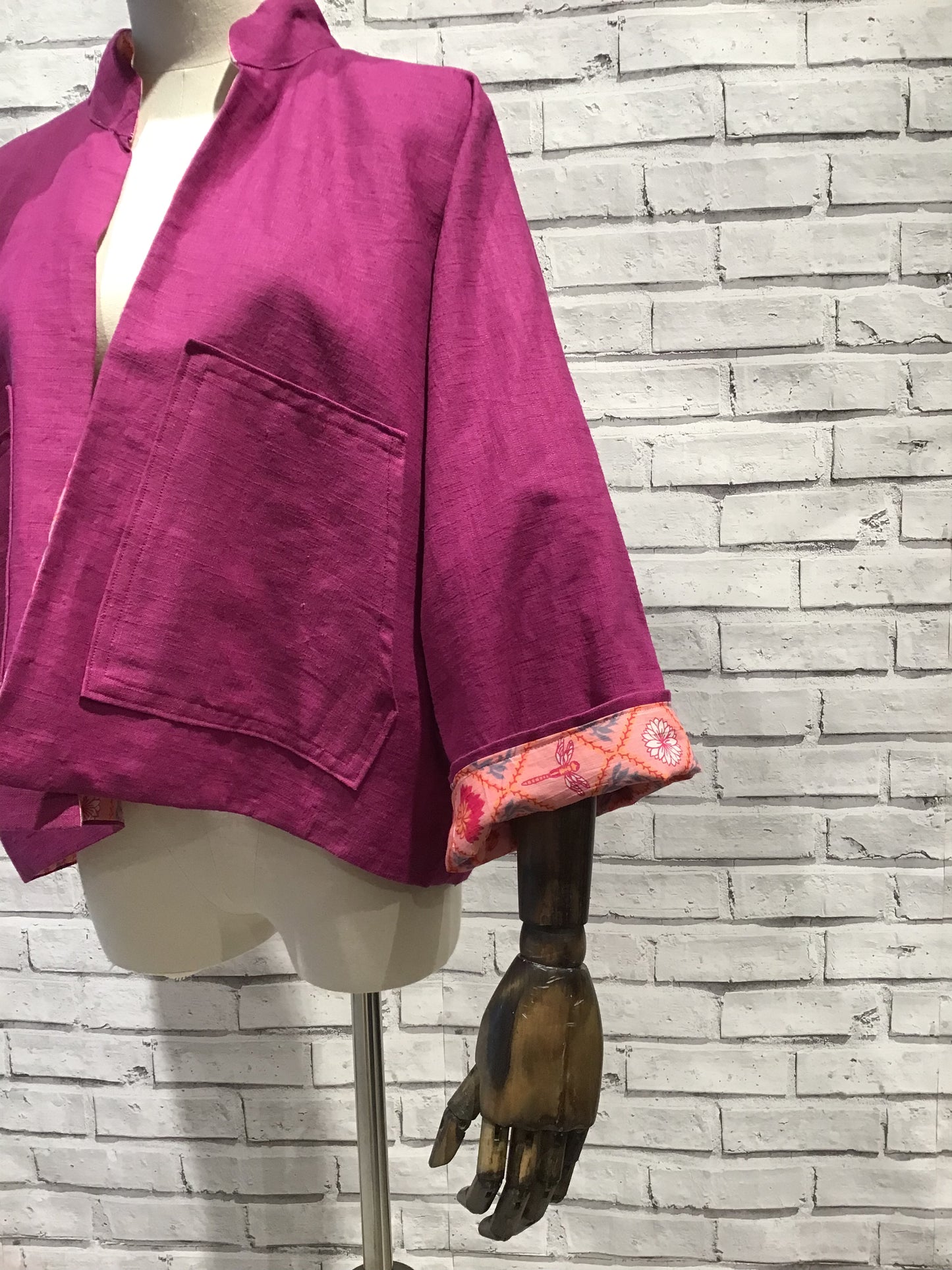 Hot pink lotus flower and cerise Linen Jacket - Violet Elizabeth