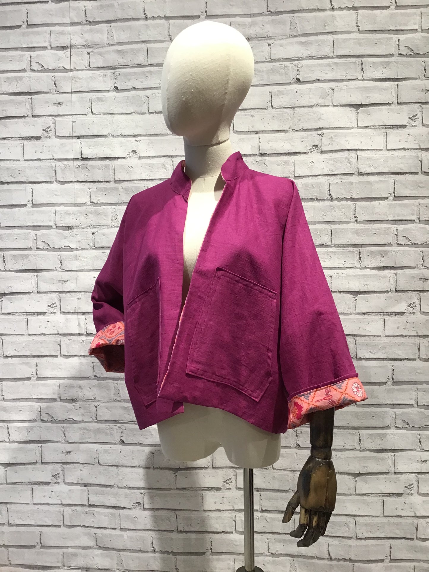 Hot pink lotus flower and cerise Linen Jacket - Violet Elizabeth