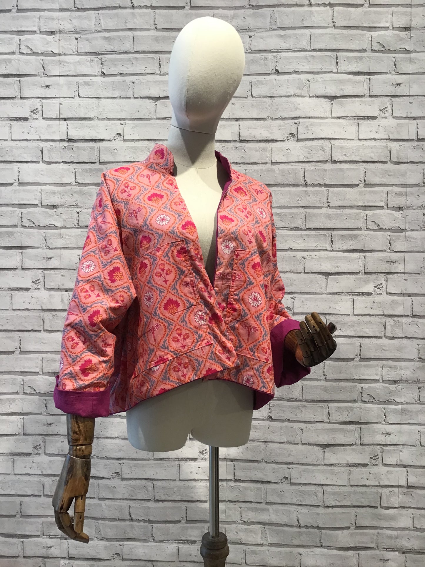 Hot pink lotus flower and cerise Linen Jacket - Violet Elizabeth