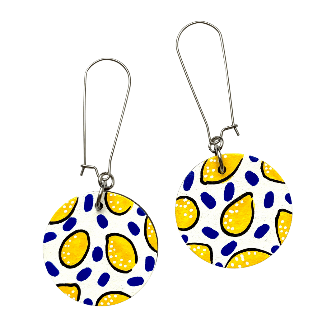 Lemon print hand painted wooden dangle drop earrings - Violet Elizabeth -