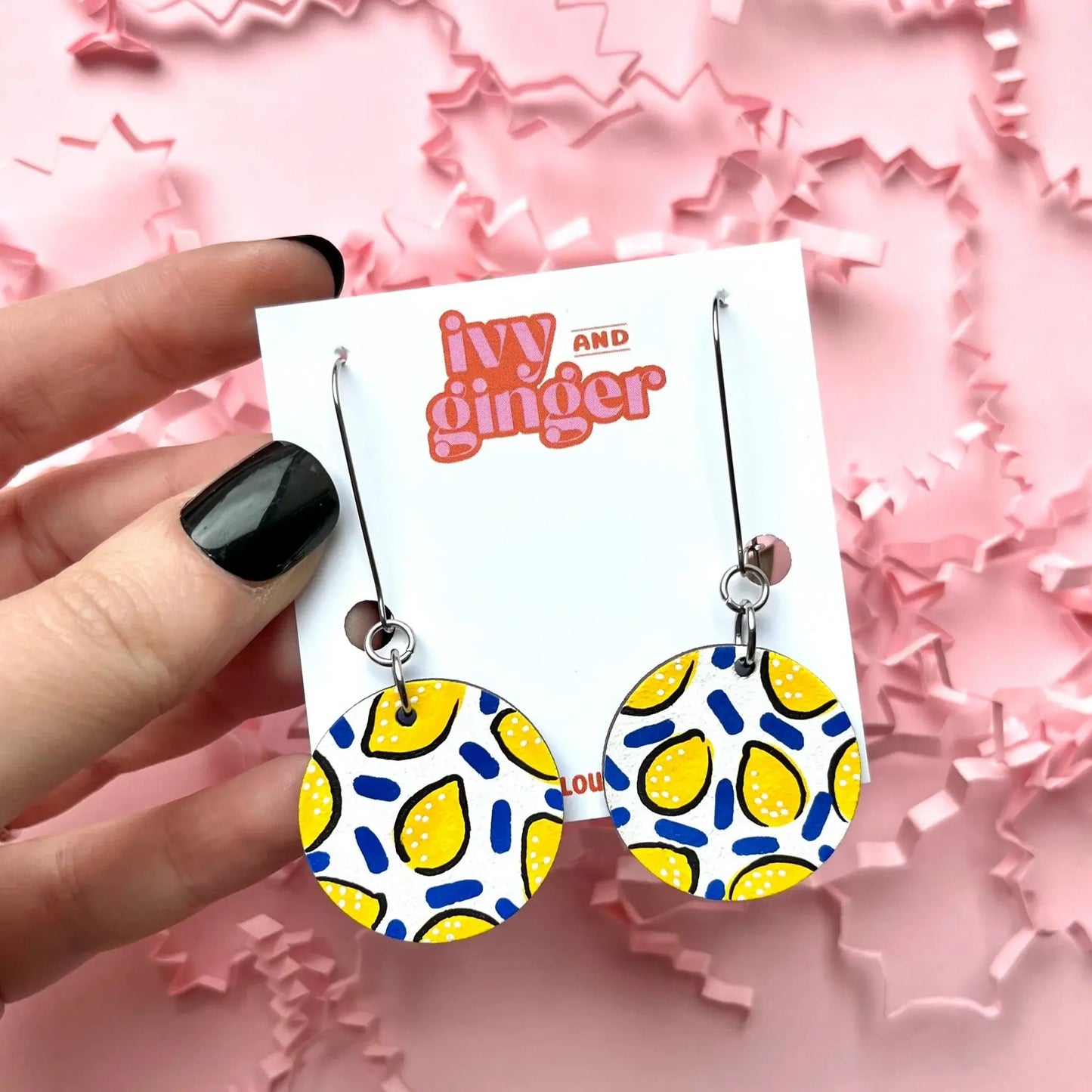 Lemon print hand painted wooden dangle drop earrings - Violet Elizabeth -