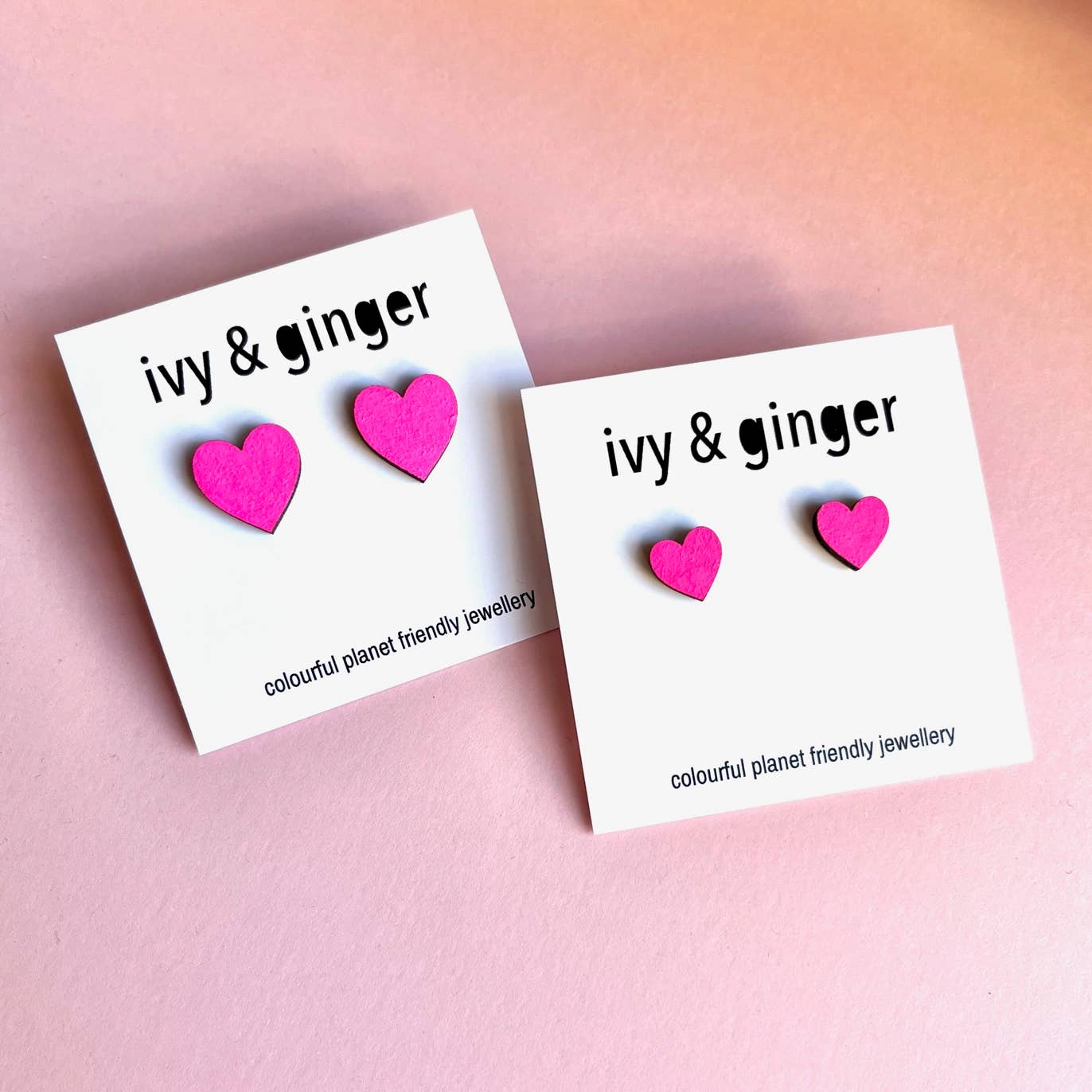 Midi neon pink heart studs hand painted wooden eco friendly - Violet Elizabeth -
