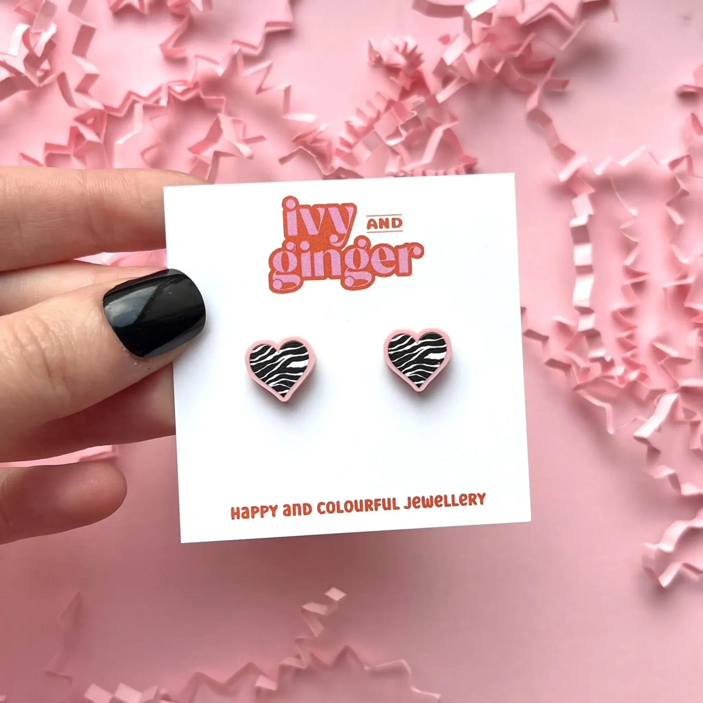 Midi pastel pink zebra print heart stud earrings - Violet Elizabeth -