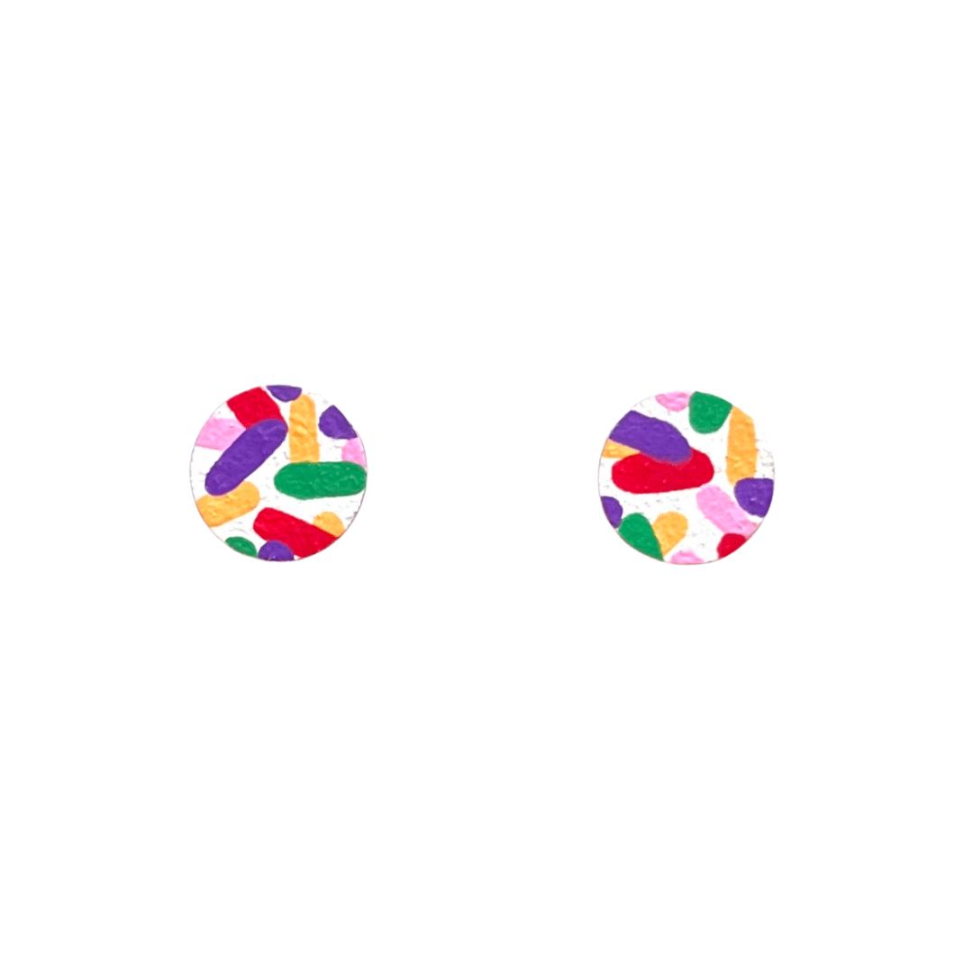 Mini confetti print circle stud earrings hand painted wooden - Violet Elizabeth -