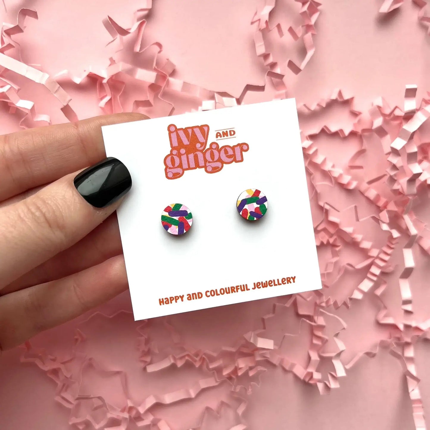 Mini confetti print circle stud earrings hand painted wooden - Violet Elizabeth -