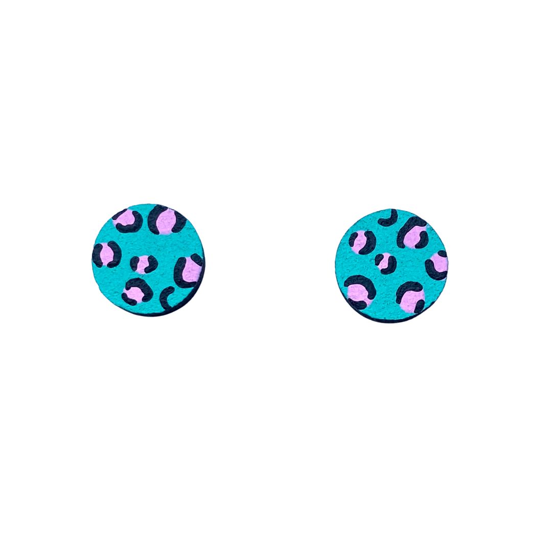 Mini leopard print circle green and pink stud earrings - Violet Elizabeth -