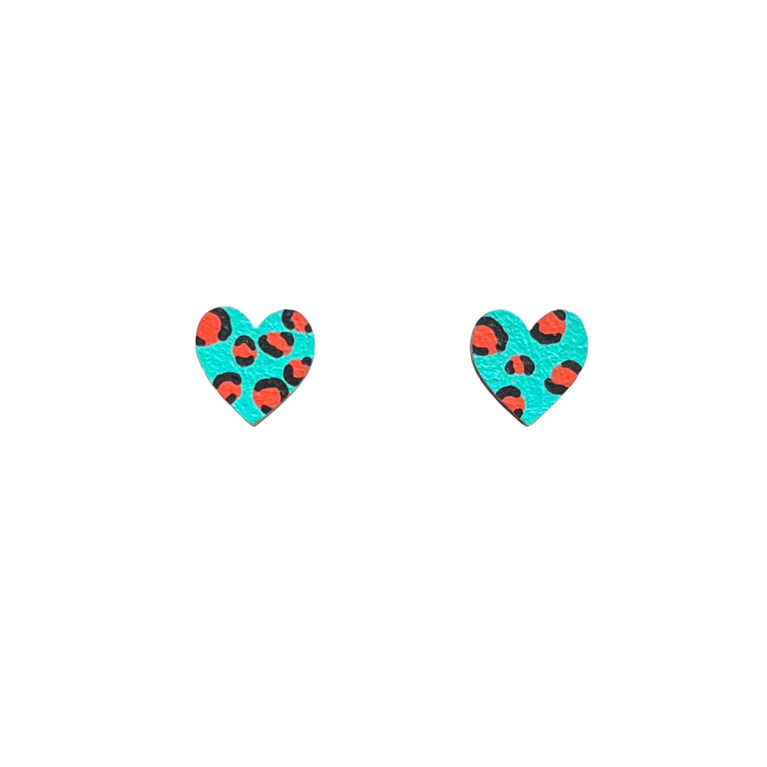Mini leopard print heart teal and orange stud earrings - Violet Elizabeth -