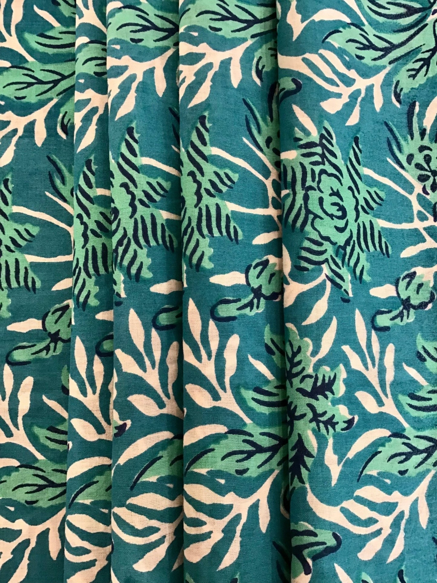 Navy, green and blue Block Printed Fabric - Violet Elizabeth - Haberdashery