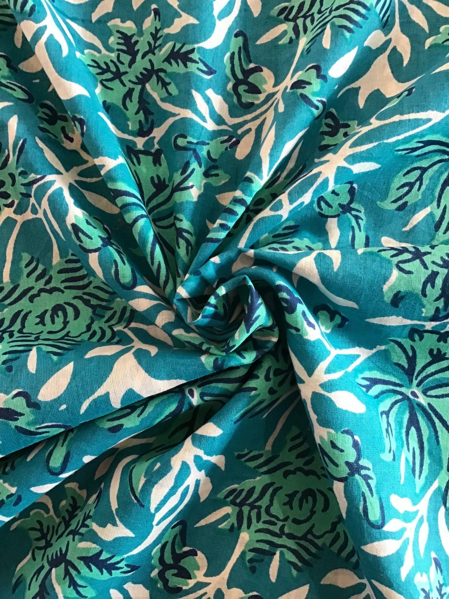 Navy, green and blue Block Printed Fabric - Violet Elizabeth - Haberdashery