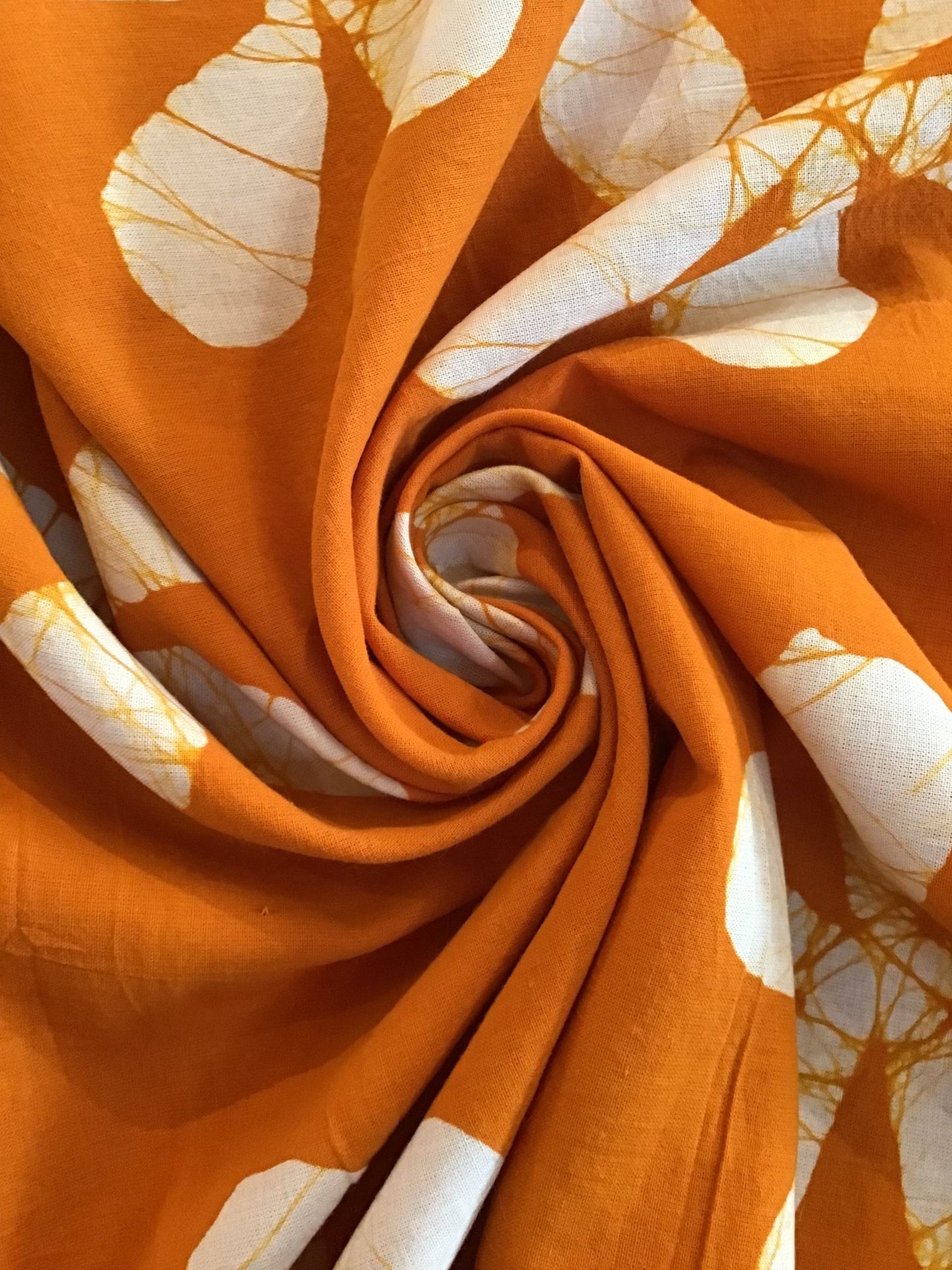 Orange separated flower shapes Batik Hand Printed Pure Cotton Fabric - Violet Elizabeth - Haberdashery