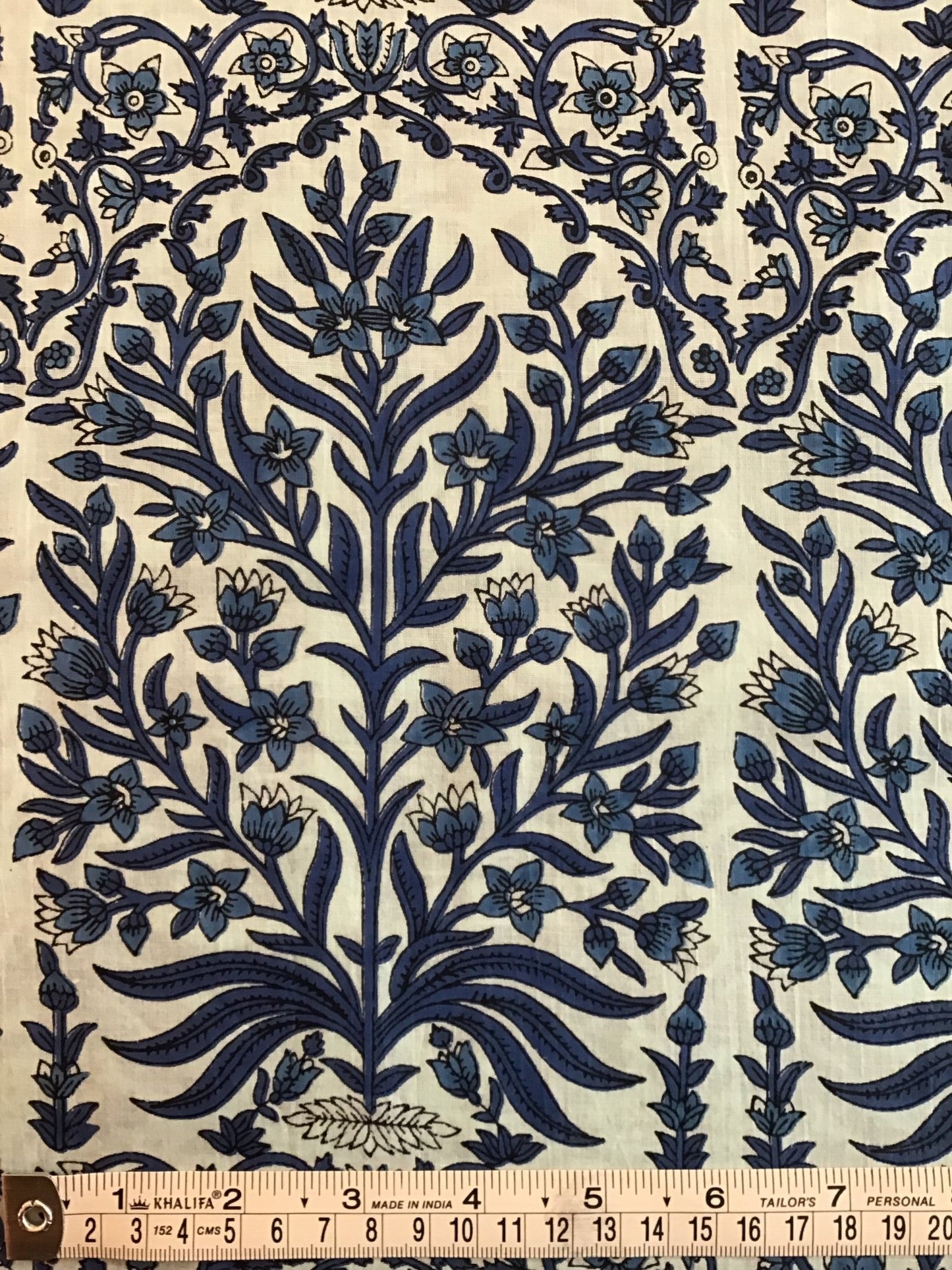 Pale blue with dk blue plant Screen Printed Fabric 100% Cotton - Violet Elizabeth - Haberdashery