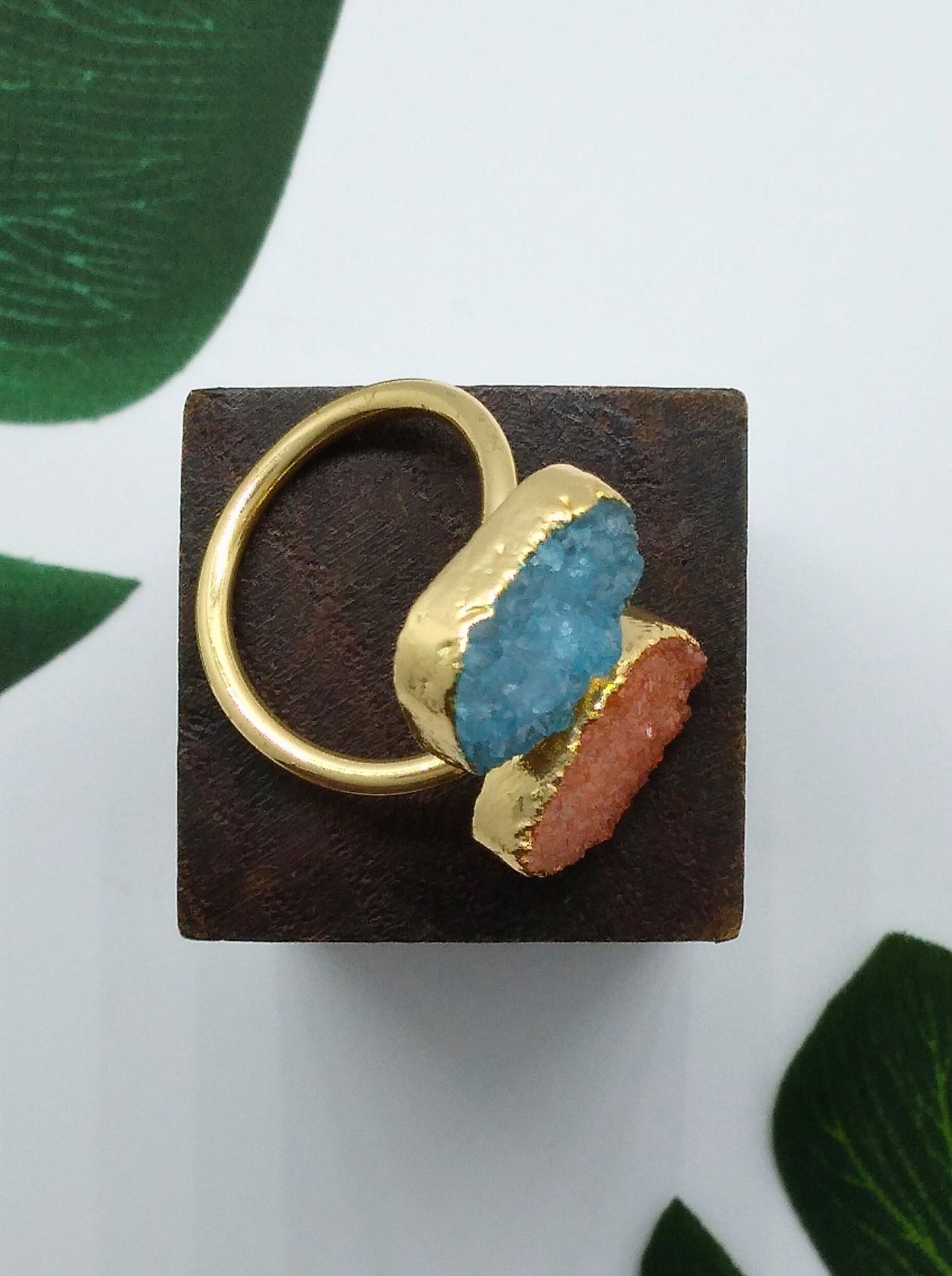 Peach and Sky Blue Double Druzy Agate Ring - Violet Elizabeth - Jewellery