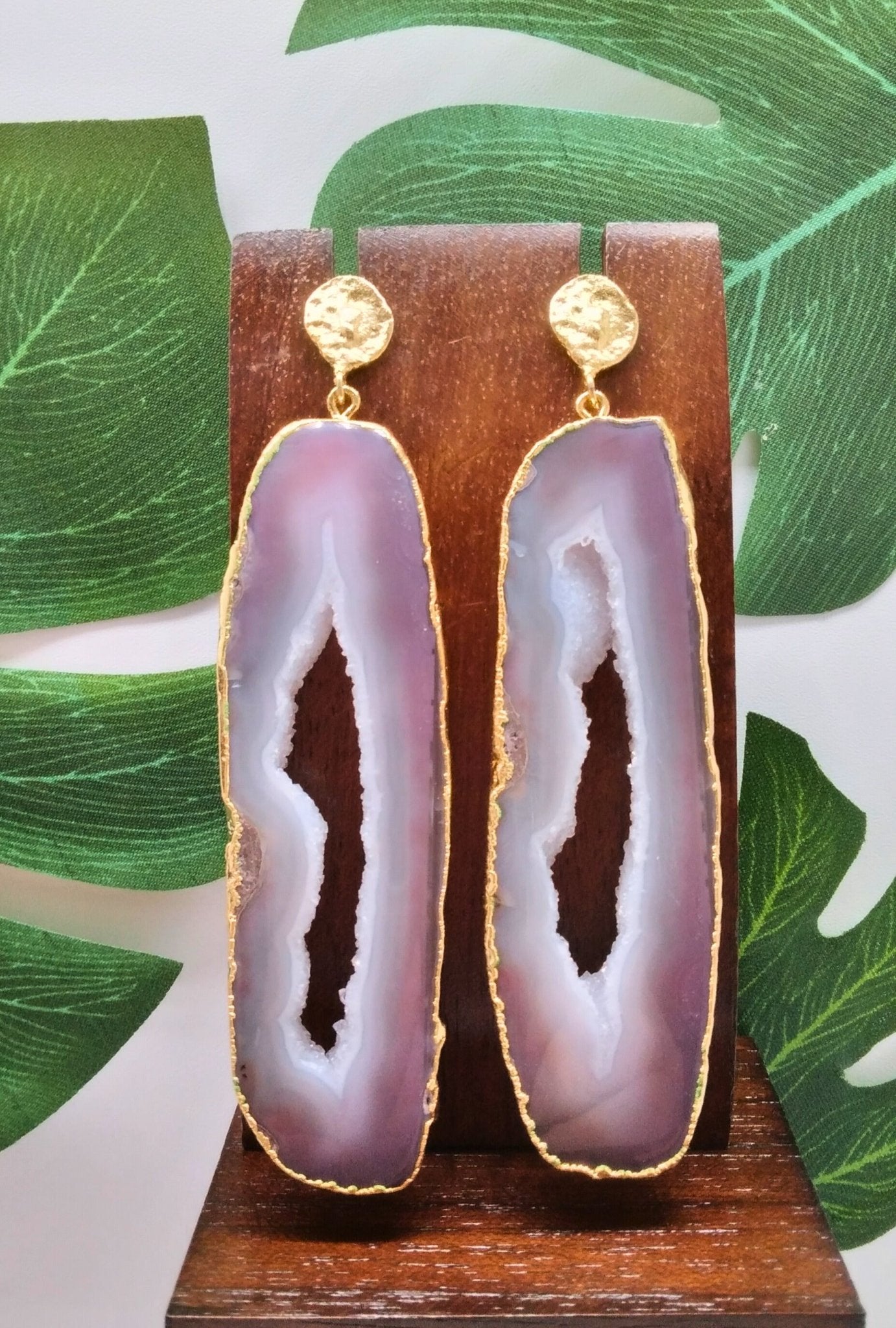 Pink Agate Slice and Gold Stud Drop Earrings - Violet Elizabeth - Jewellery