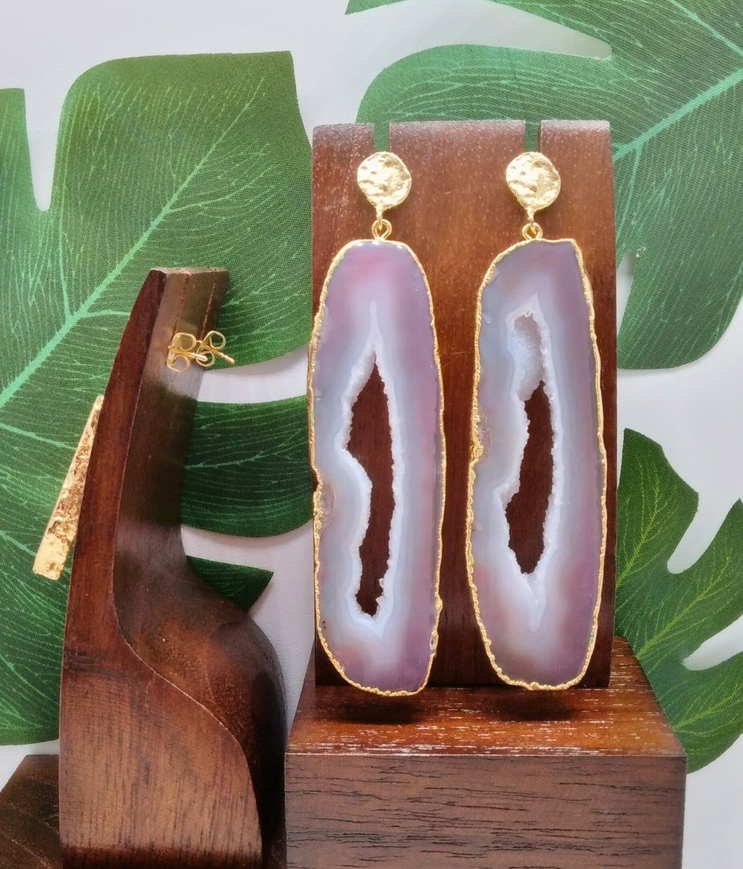 Pink Agate Slice and Gold Stud Drop Earrings - Violet Elizabeth - Jewellery