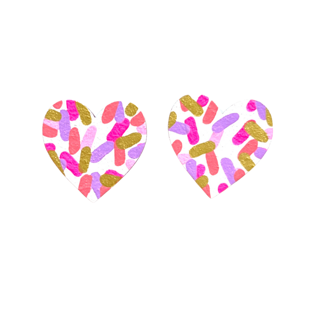 Pink confetti large heart stud earrings hand painted wood - Violet Elizabeth -