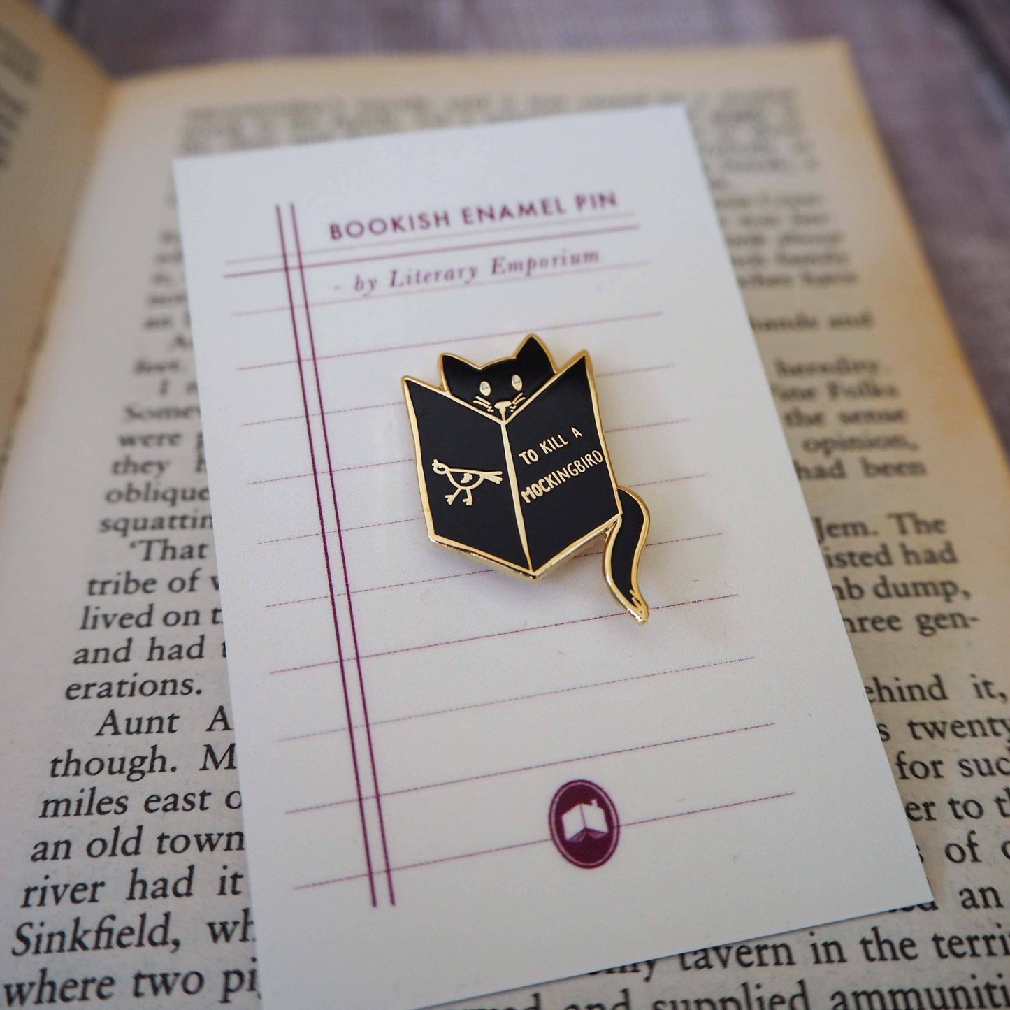 Reading Cat Mockingbird Book Lover Enamel Pin Badge - Black - Violet Elizabeth -