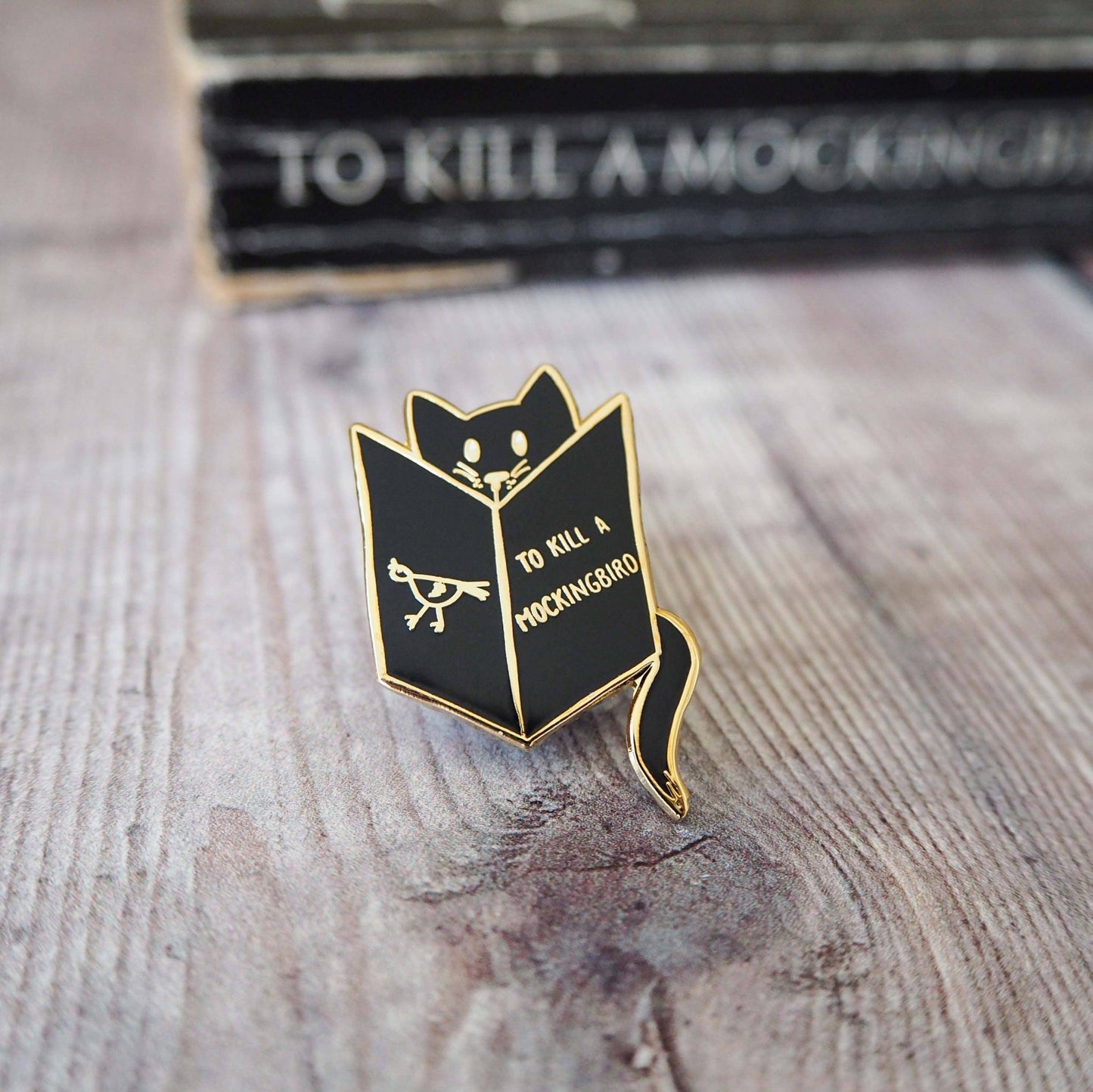 Reading Cat Mockingbird Book Lover Enamel Pin Badge - Black - Violet Elizabeth -