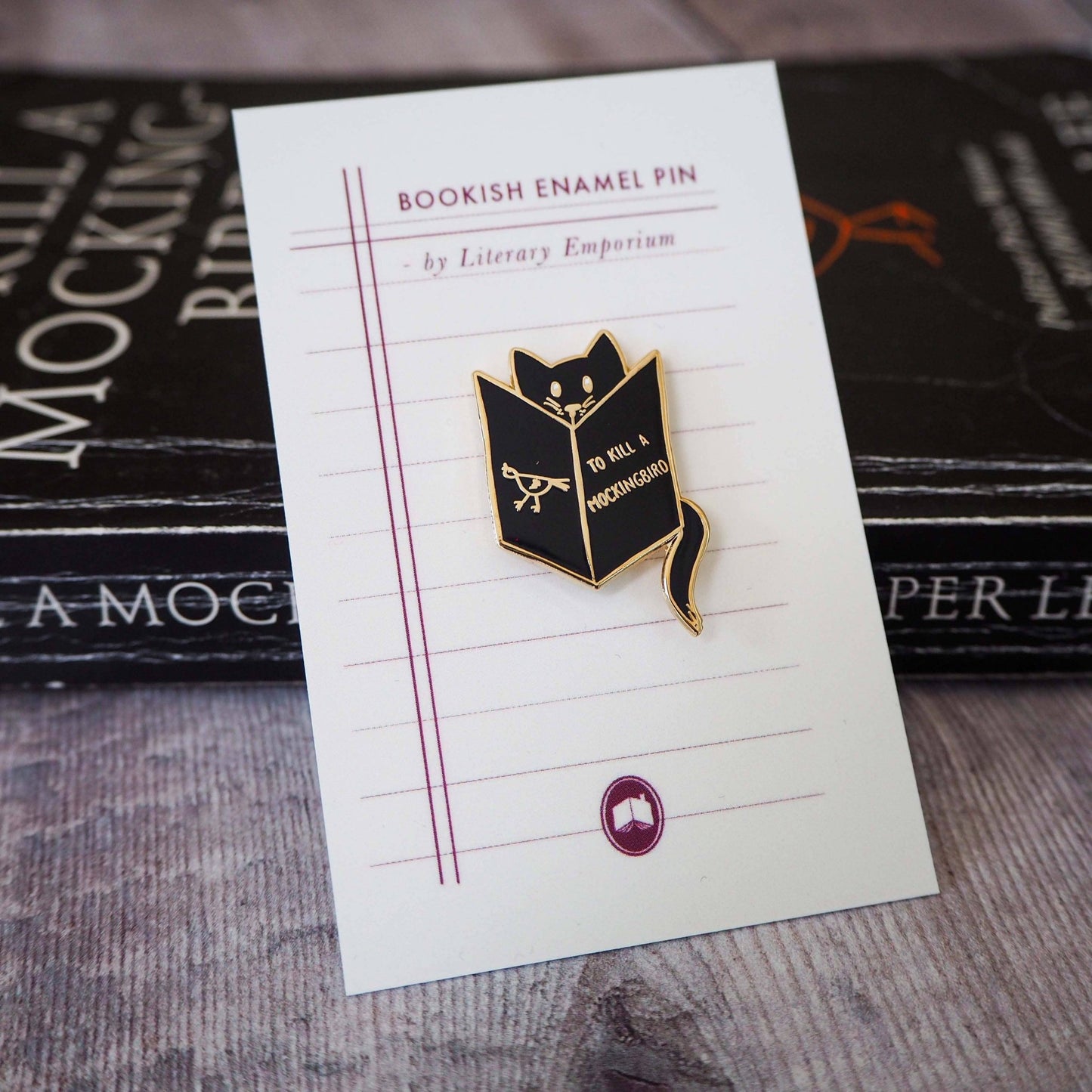 Reading Cat Mockingbird Book Lover Enamel Pin Badge - Black - Violet Elizabeth -