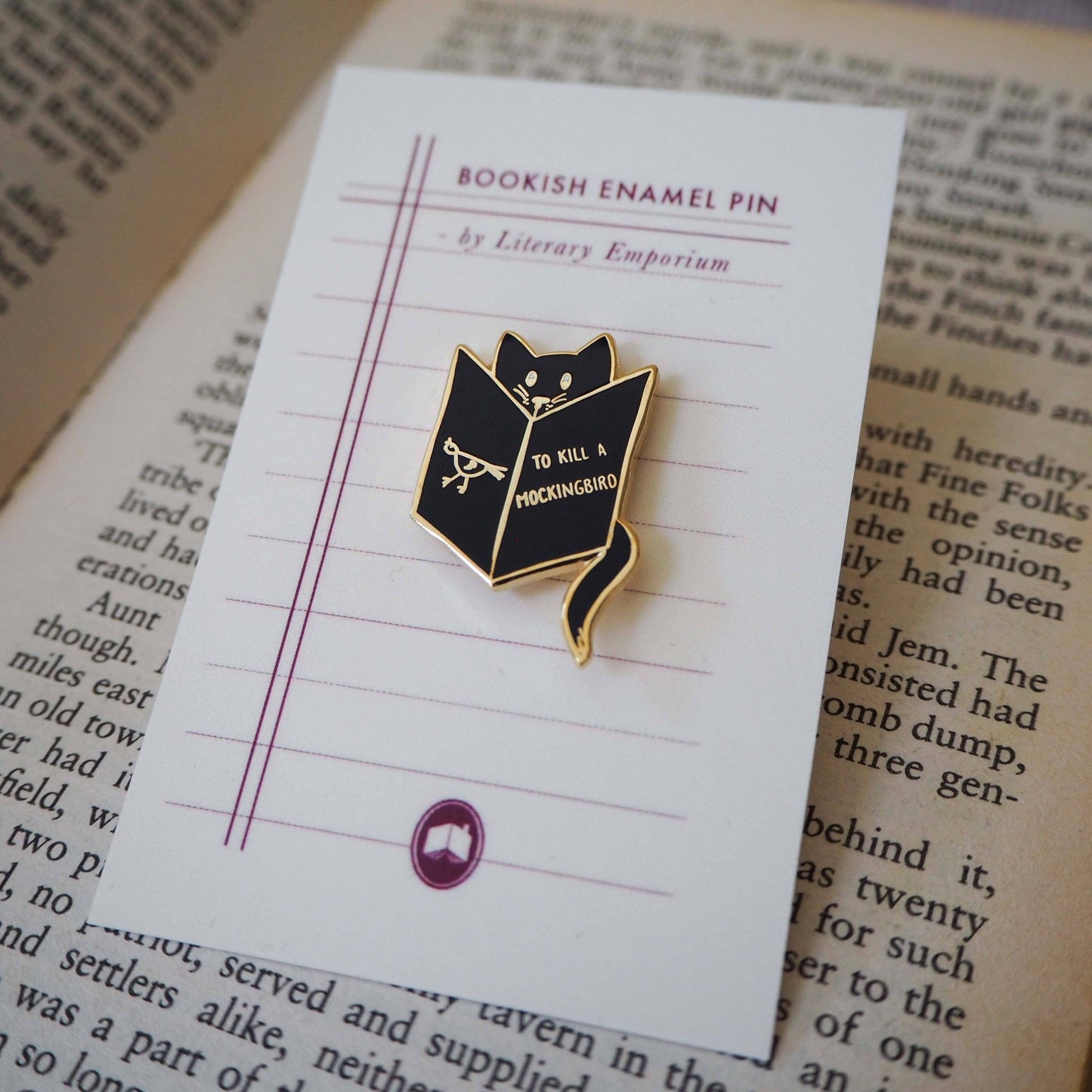 Reading Cat Mockingbird Book Lover Enamel Pin Badge - Black - Violet Elizabeth -