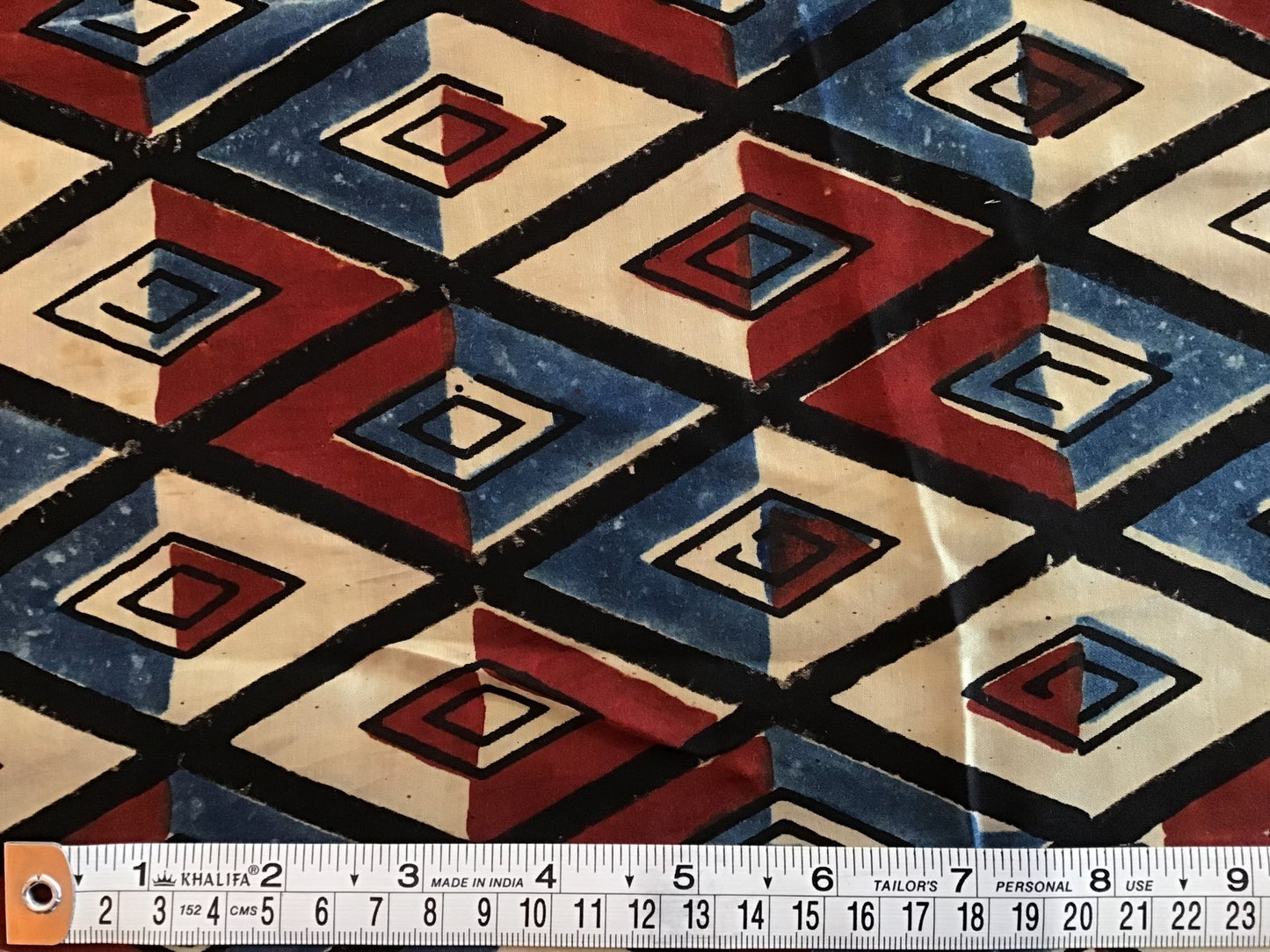 Red blue block print Mushru cotton/silk blend - Violet Elizabeth - Haberdashery