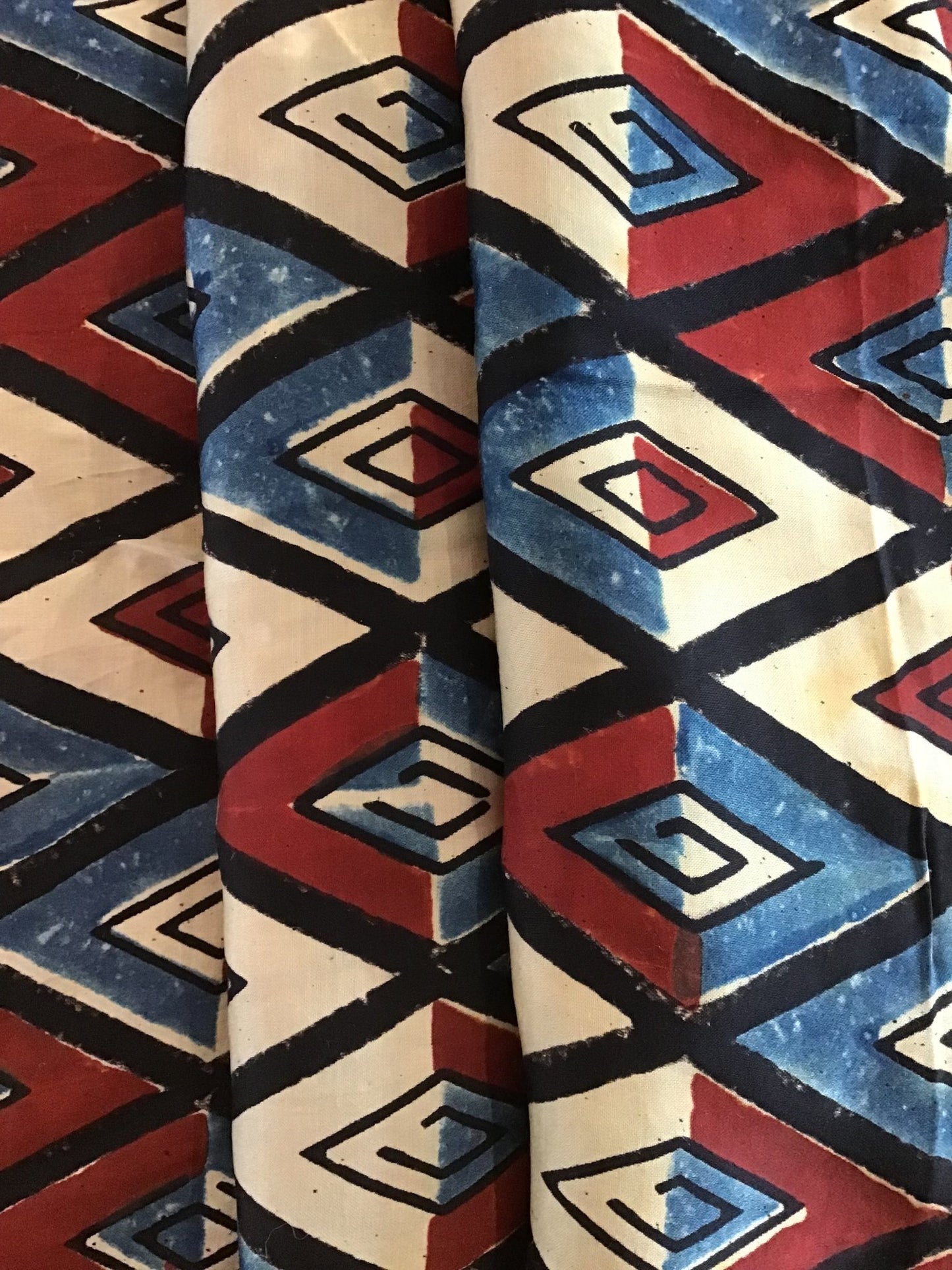Red blue block print Mushru cotton/silk blend - Violet Elizabeth - Haberdashery