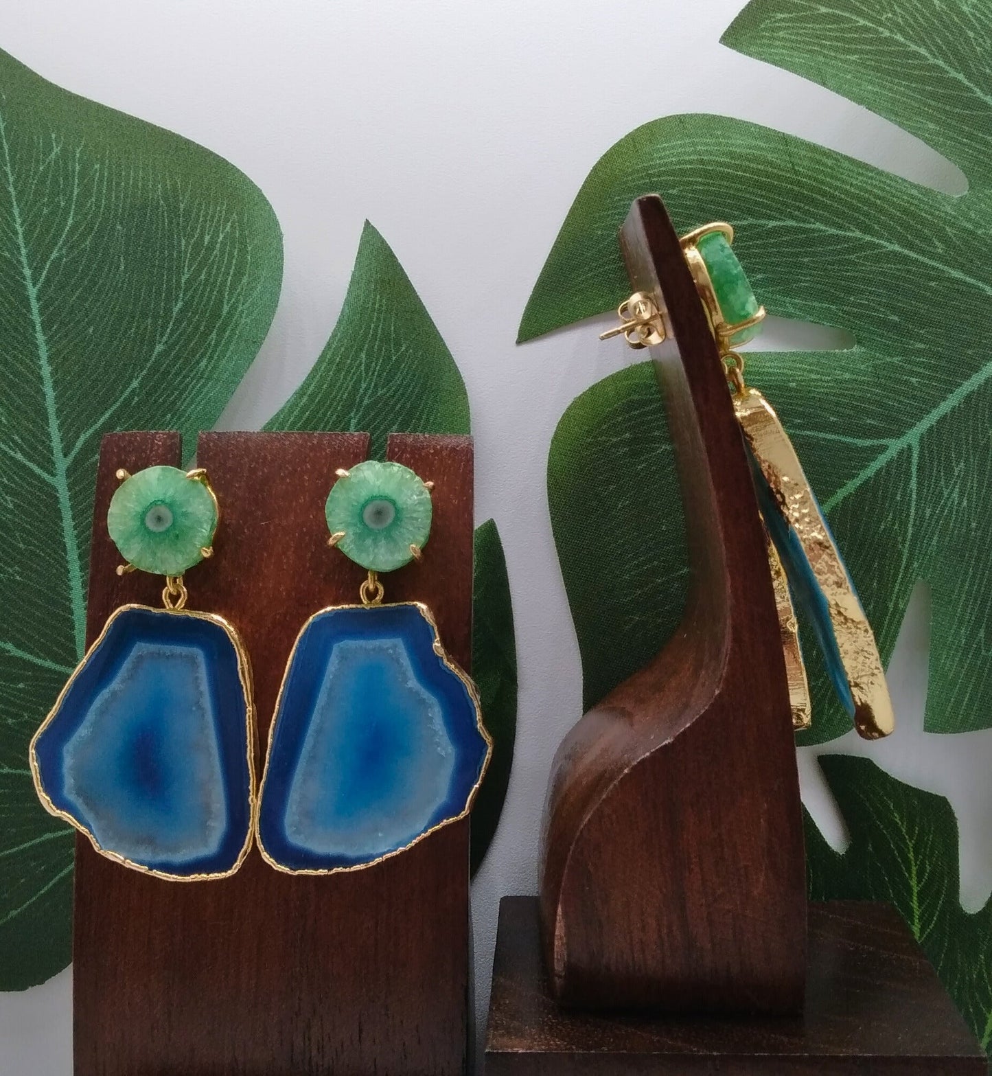Sea Blue Agate Slice and Ocean Green Solar Quartz Drop Earrings - Violet Elizabeth - Jewellery