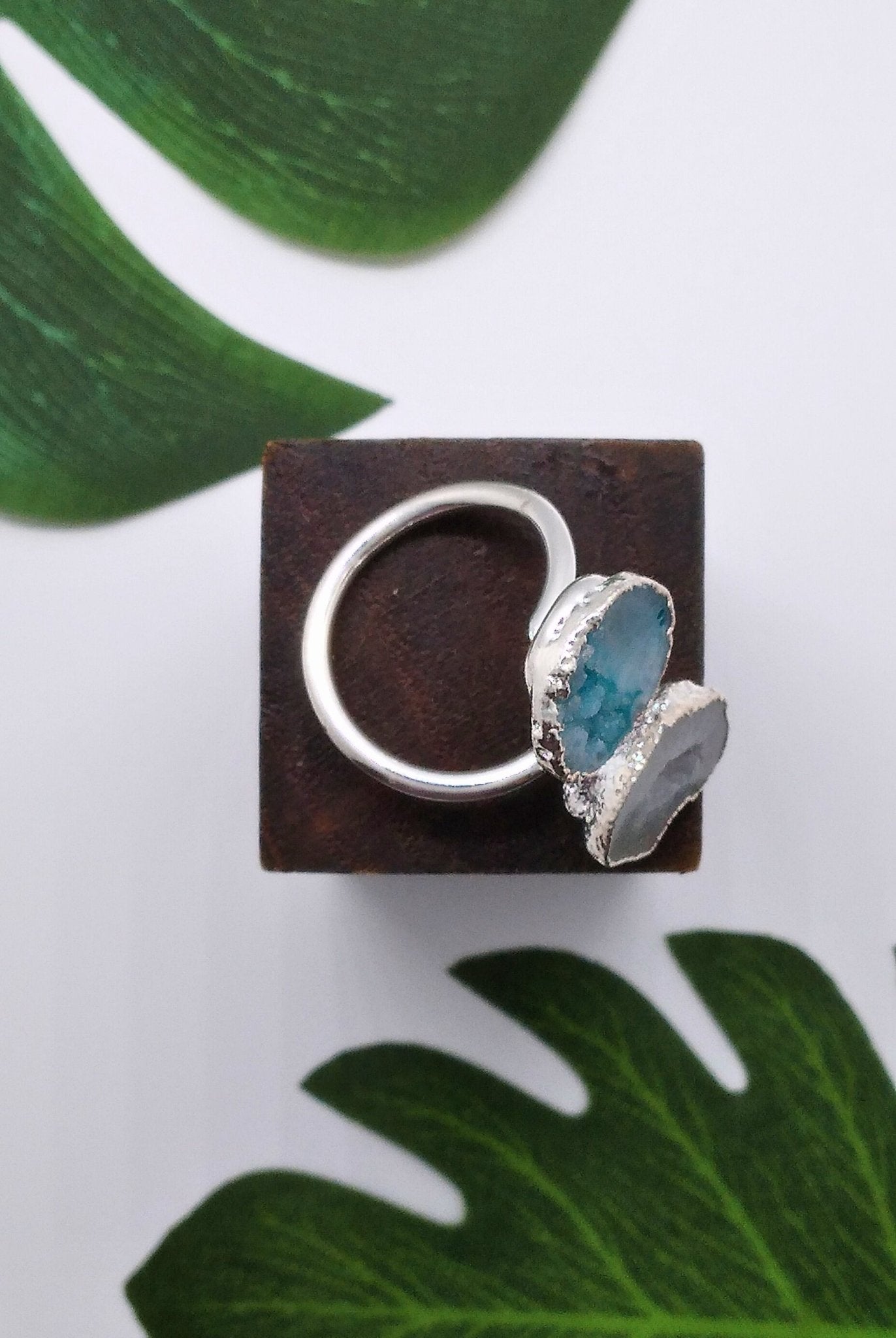 Star Shine and Sea Green Double Geode Druzy Silver Ring - Violet Elizabeth - Jewellery
