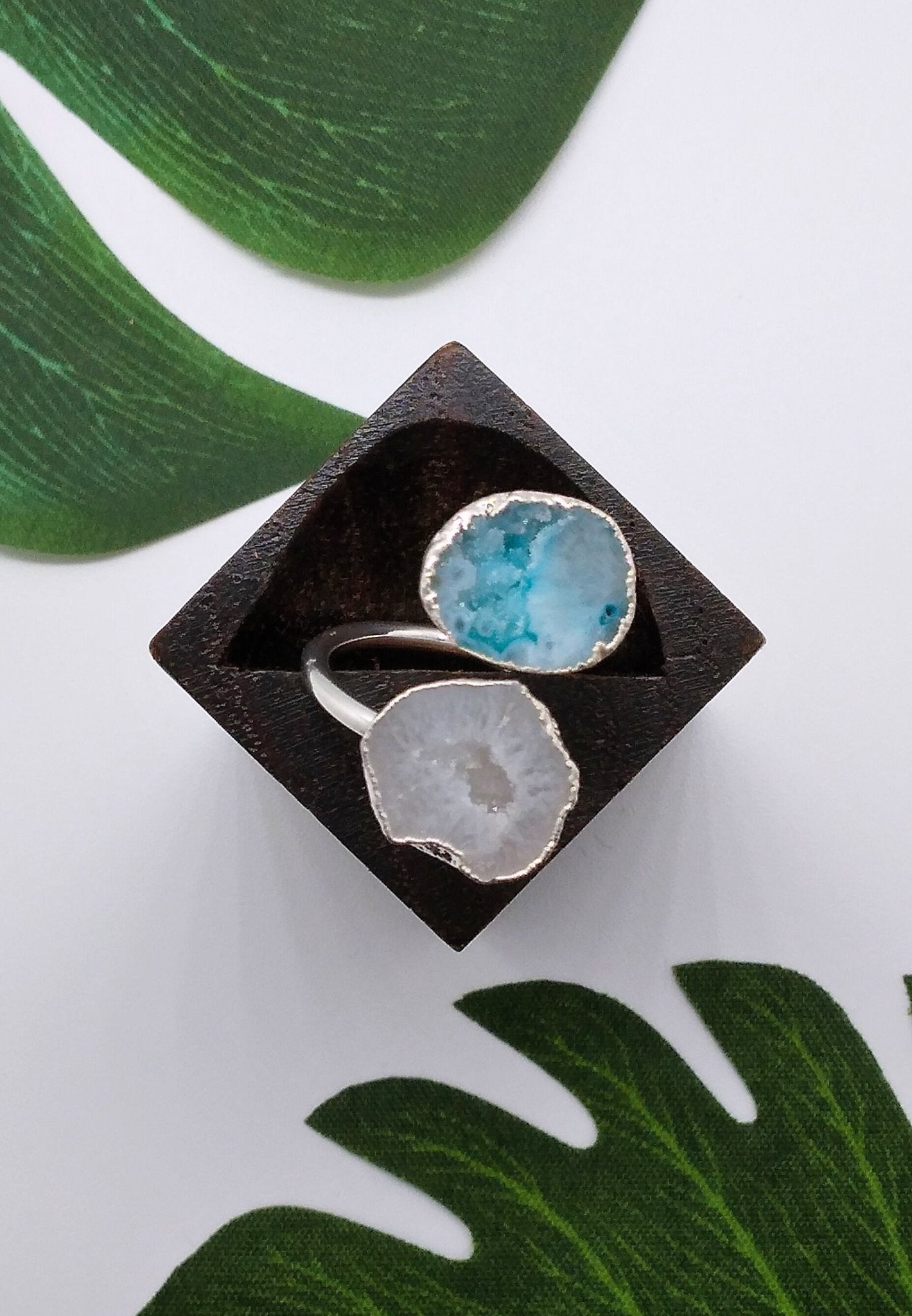 Star Shine and Sea Green Double Geode Druzy Silver Ring - Violet Elizabeth - Jewellery