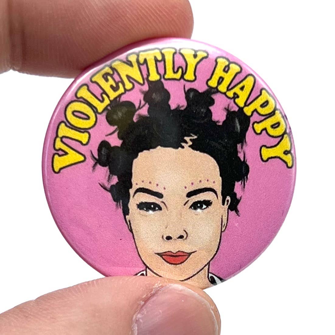 Violently Happy Bjork 1990s Inspired Button Pin Badge - Violet Elizabeth -